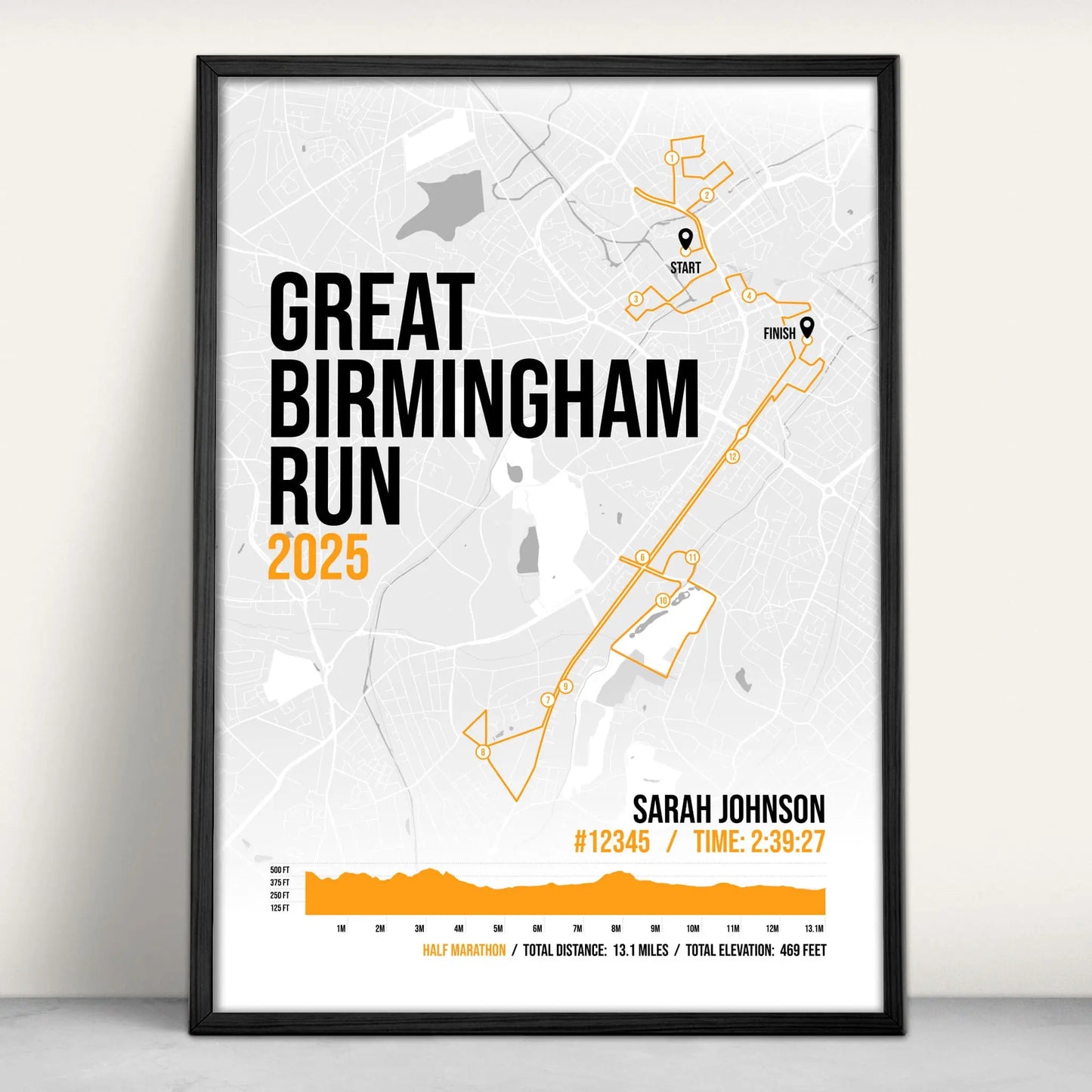 Great Birmingham Run Half Marathon Art Print in orange from Purest Green Prints.
