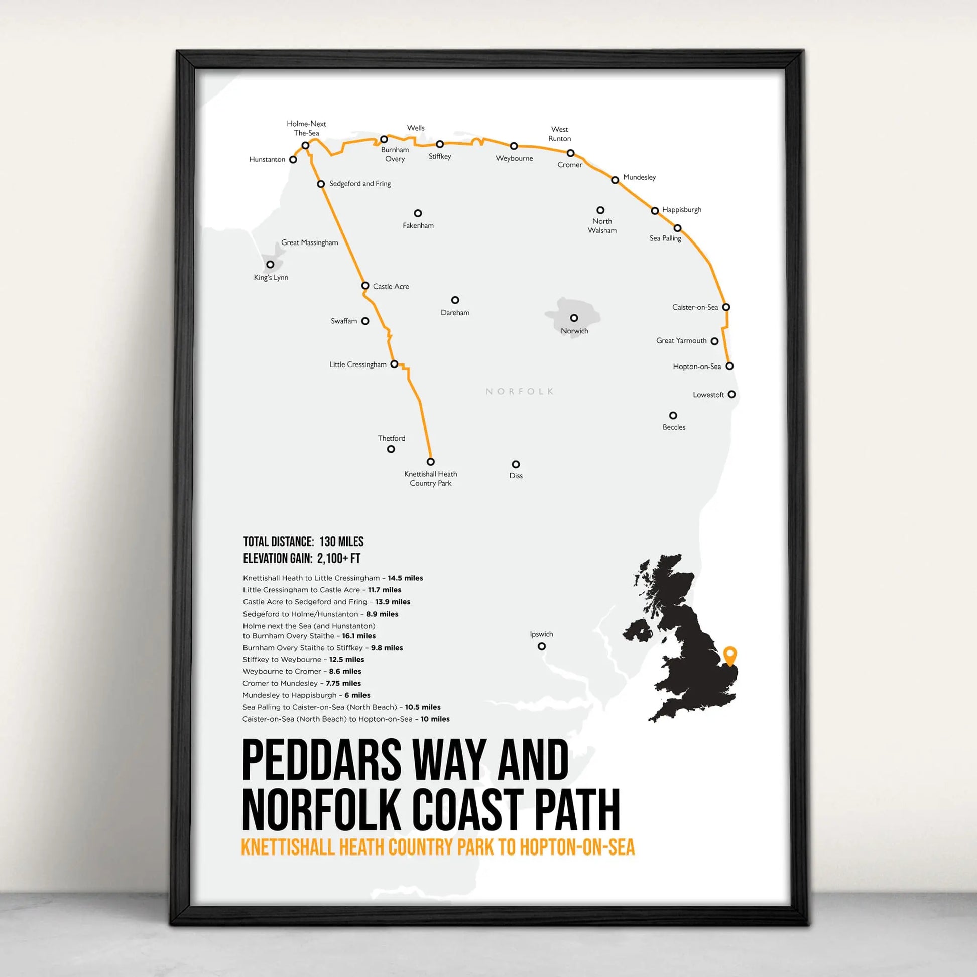 Peddars Way and Norfolk Coast Path Path National trail Print in orange from Purest Green Prints.