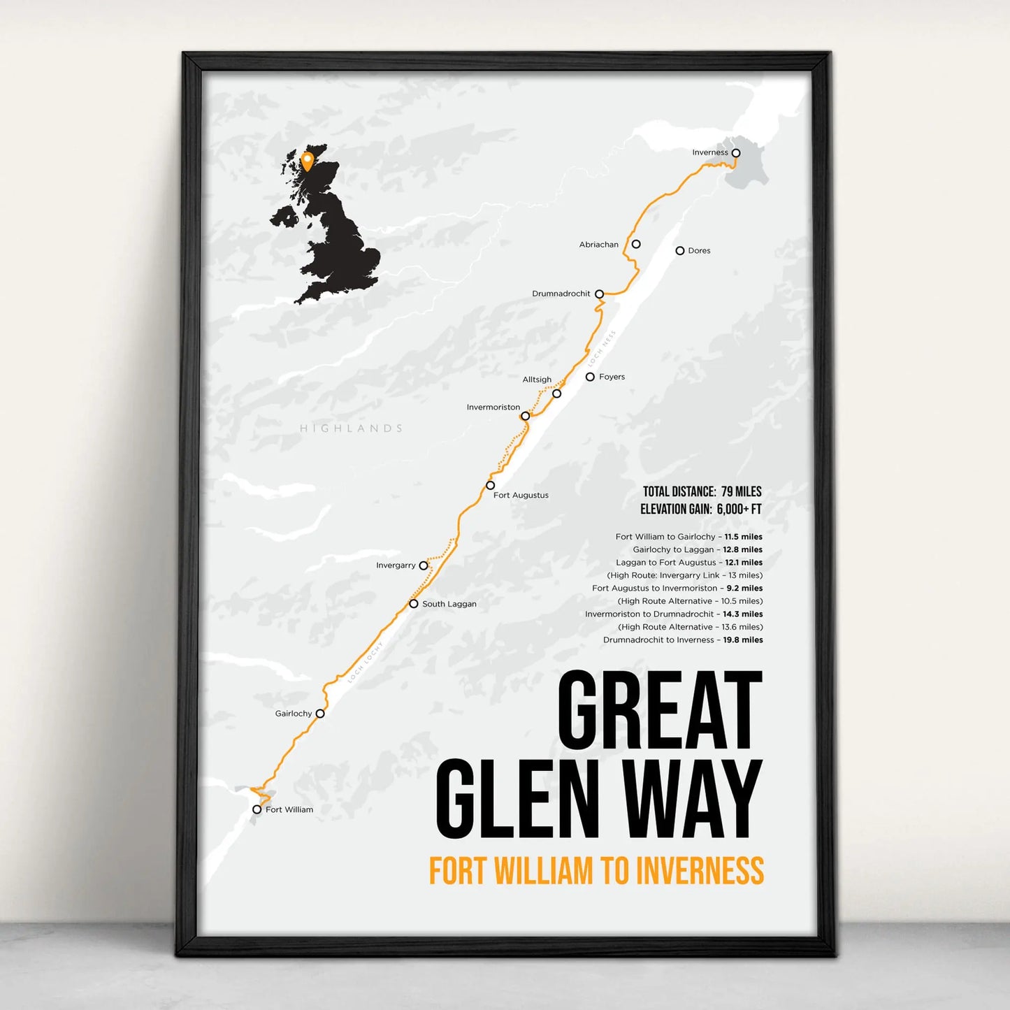 Great Glen Way Scottish Trail Map Art Print in orange from Purest Green Prints.