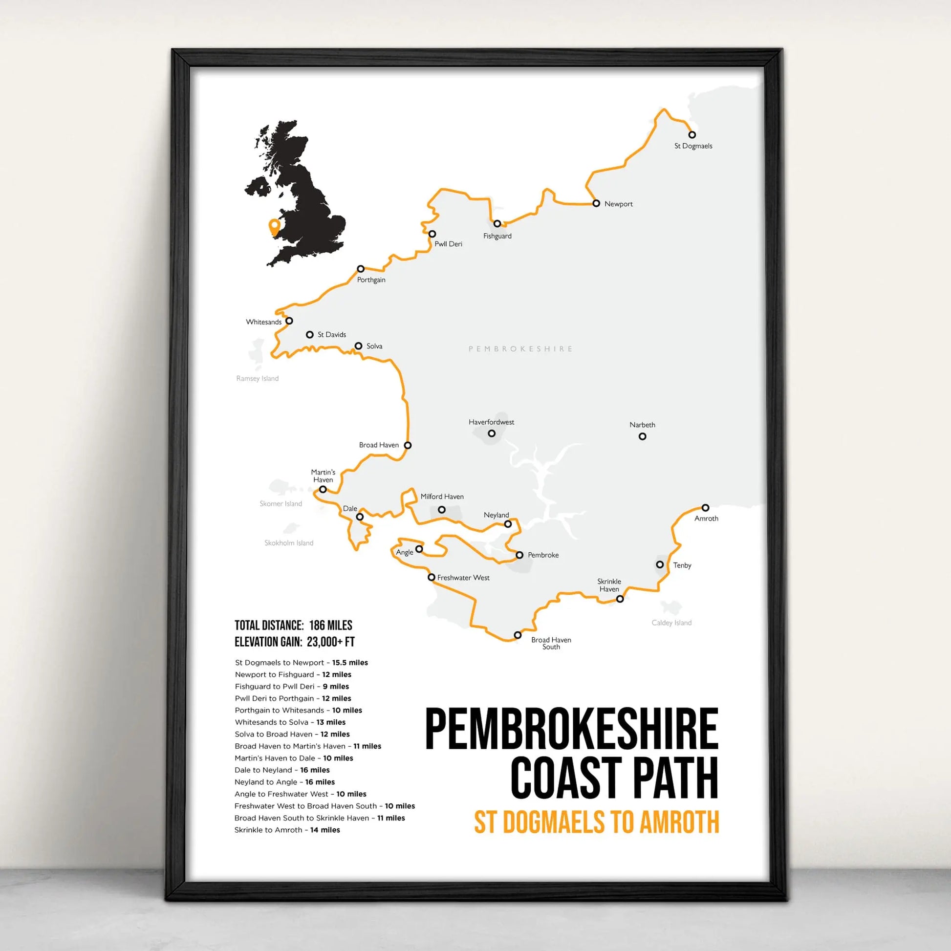 Pembrokeshire Coast Path National Trail Map Art Print in orange from Purest Green Prints.