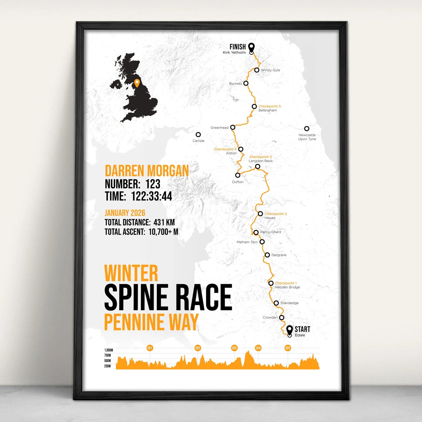 The Spine Race Personalised Art Print in orange from Purest Green Prints