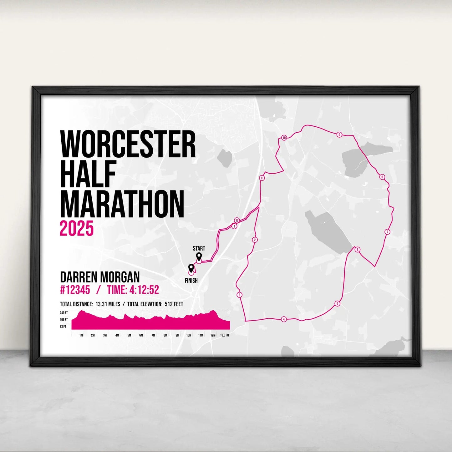Personalised Worcester Half Marathon Art Print in pink from Purest Green Prints