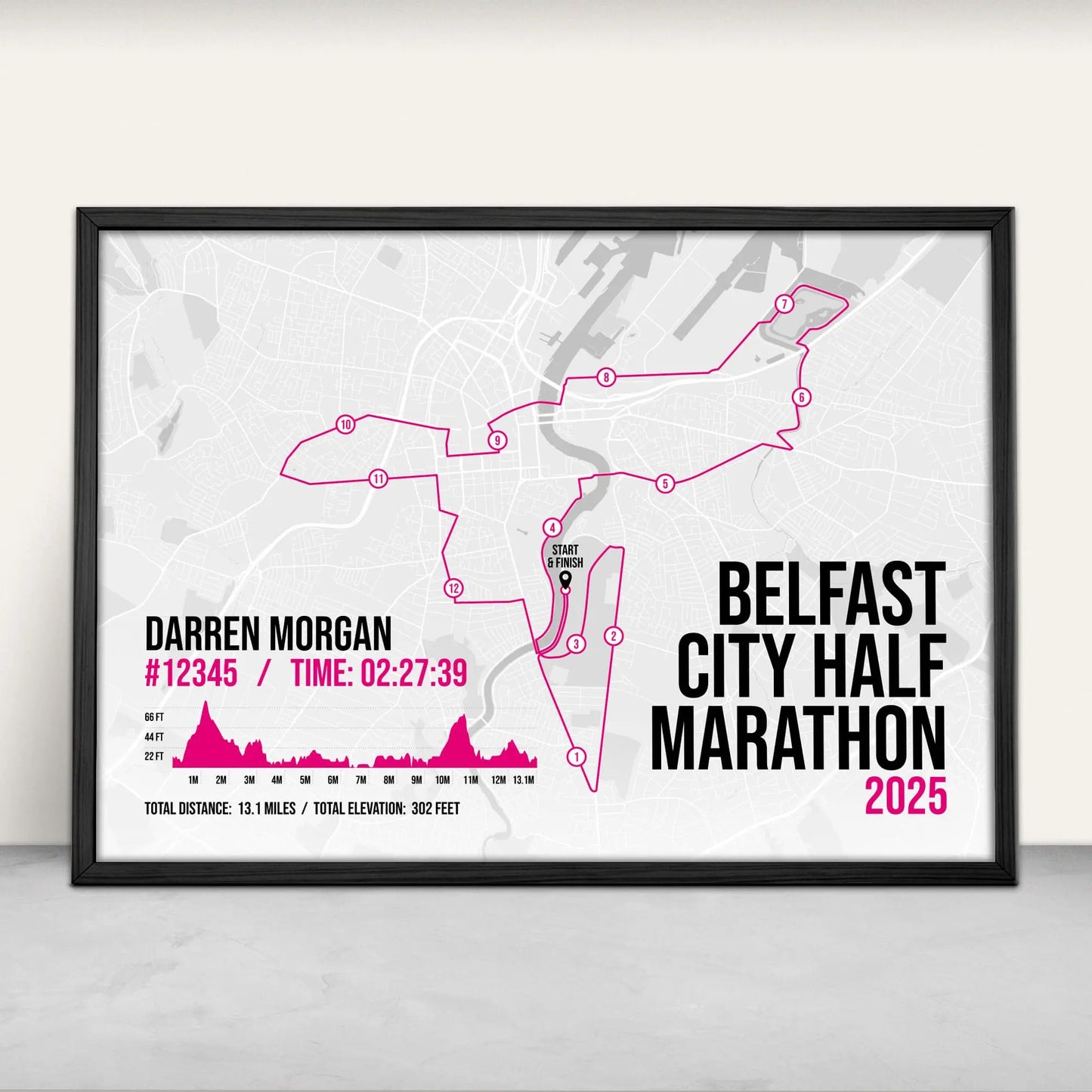 Personalised Belfast City Half Marathon Art Print in pink from Purest Green Prints