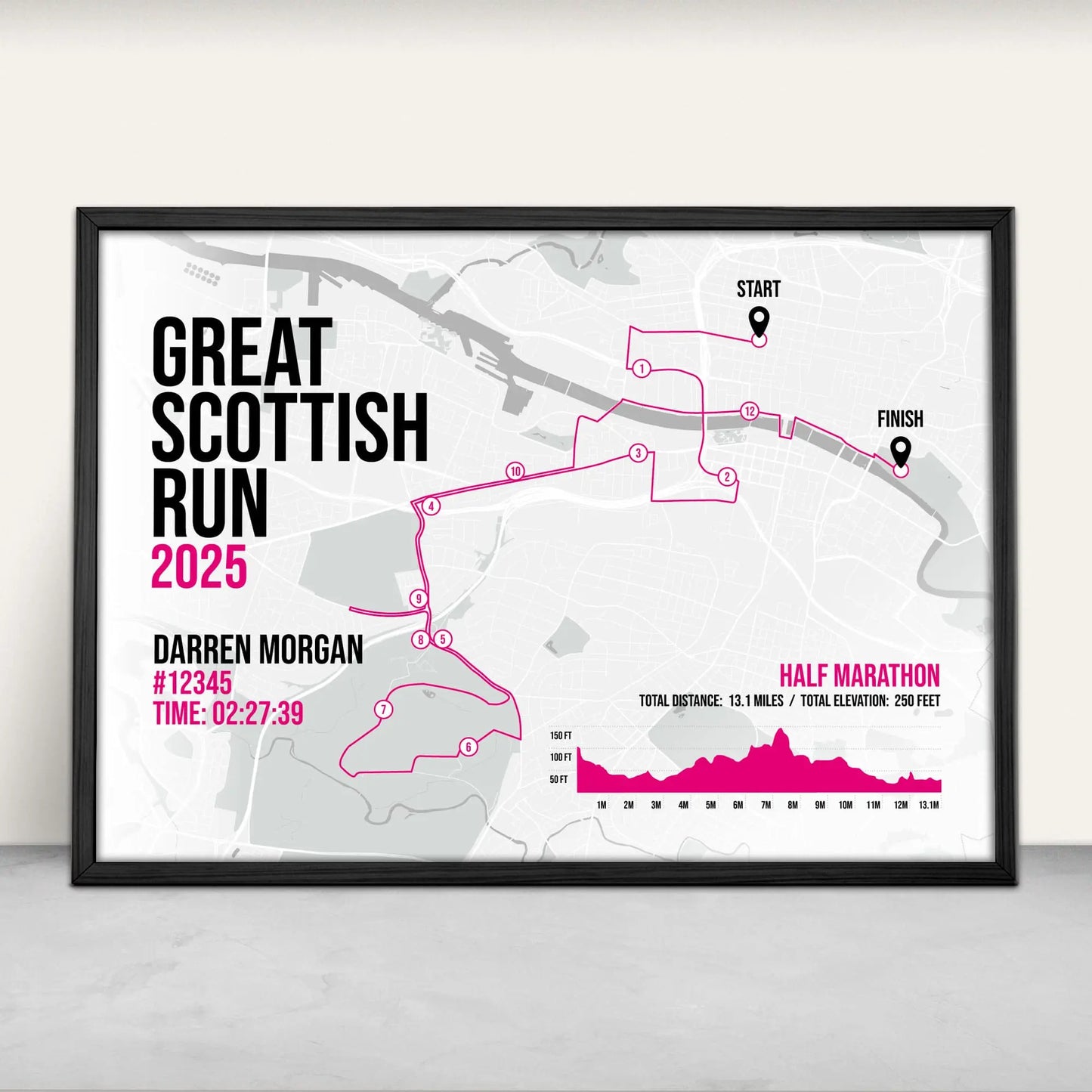 Personalised Great Scottish Run Half Marathon route map print in pink from Purest Green Prints