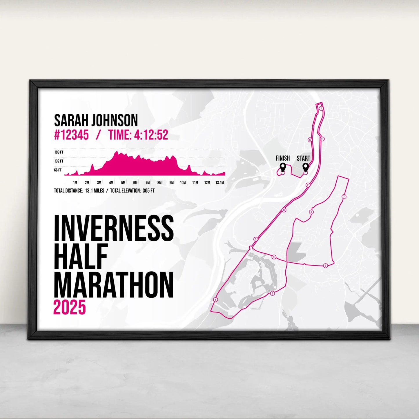Personalised Inverness Half Marathon Art Print in pink from Purest Green Prints.