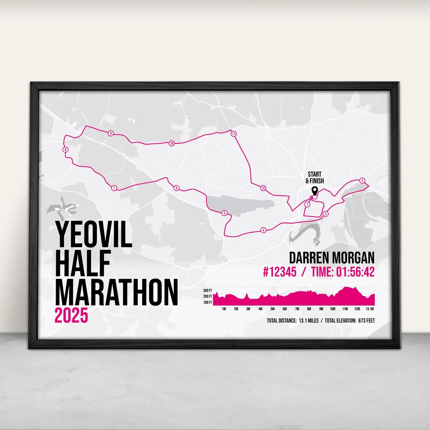 Personalised Yeovil Half Marathon Art Print in pink from Purest Green Prints.