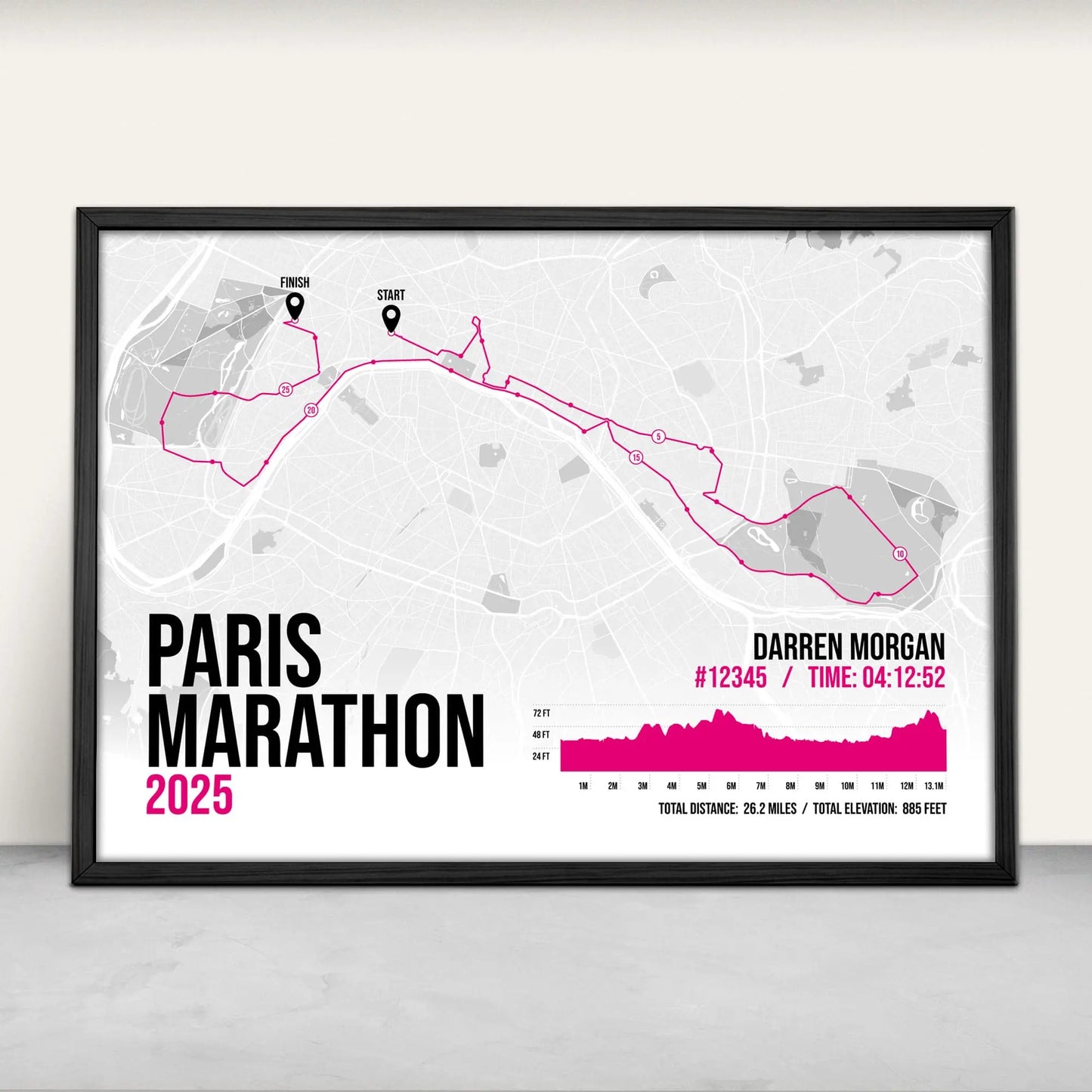 Personalised Paris Marathon route map print in pink from Purest Green Prints