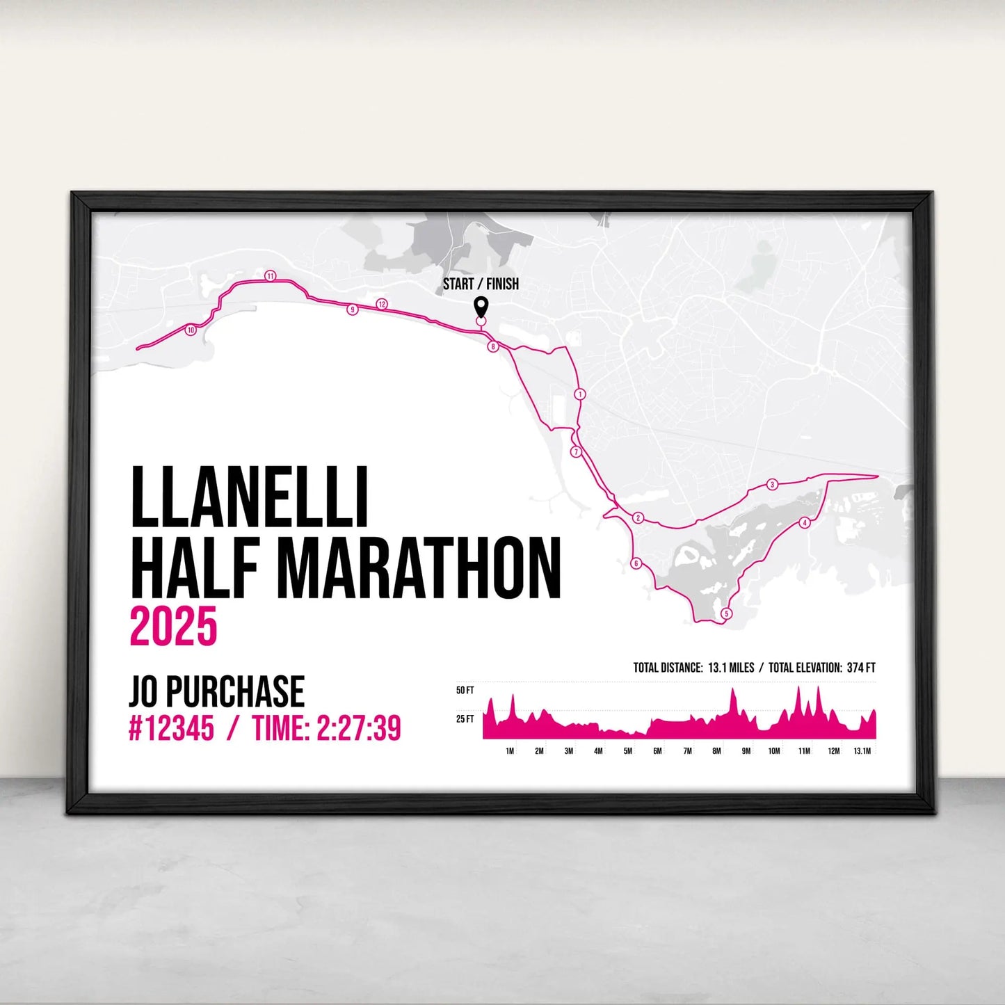 Llanelli Half Marathon Personalised Art Print in pink from Purest Green Prints.