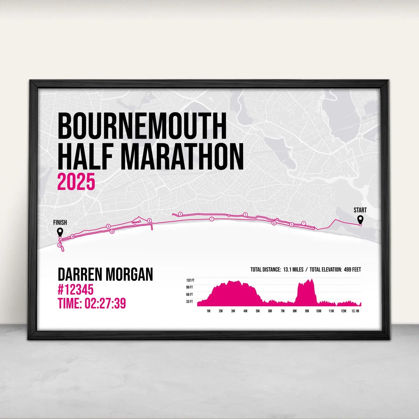 Personalised Bournemouth Half Marathon Art Print in pink from Purest Green Prints.
