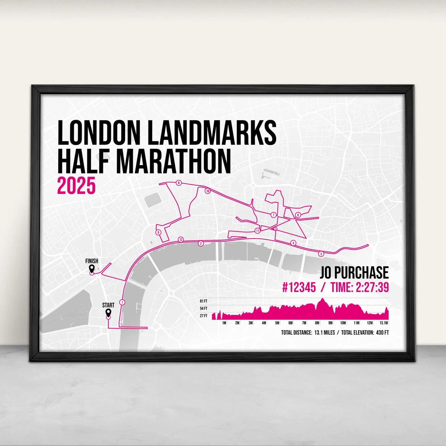 London Landmarks Half Marathon Personalised Art Print in pink from Purest Green Prints.