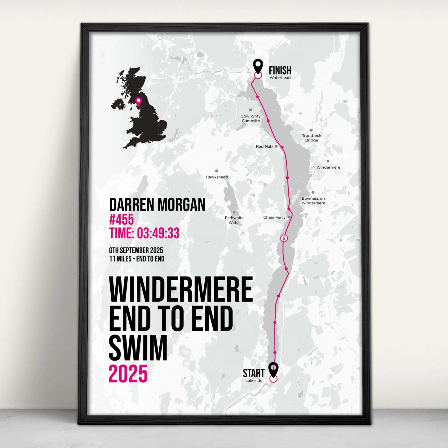 Lake Windermere end to end swim Personalised Art Print in pink from Purest Green Prints