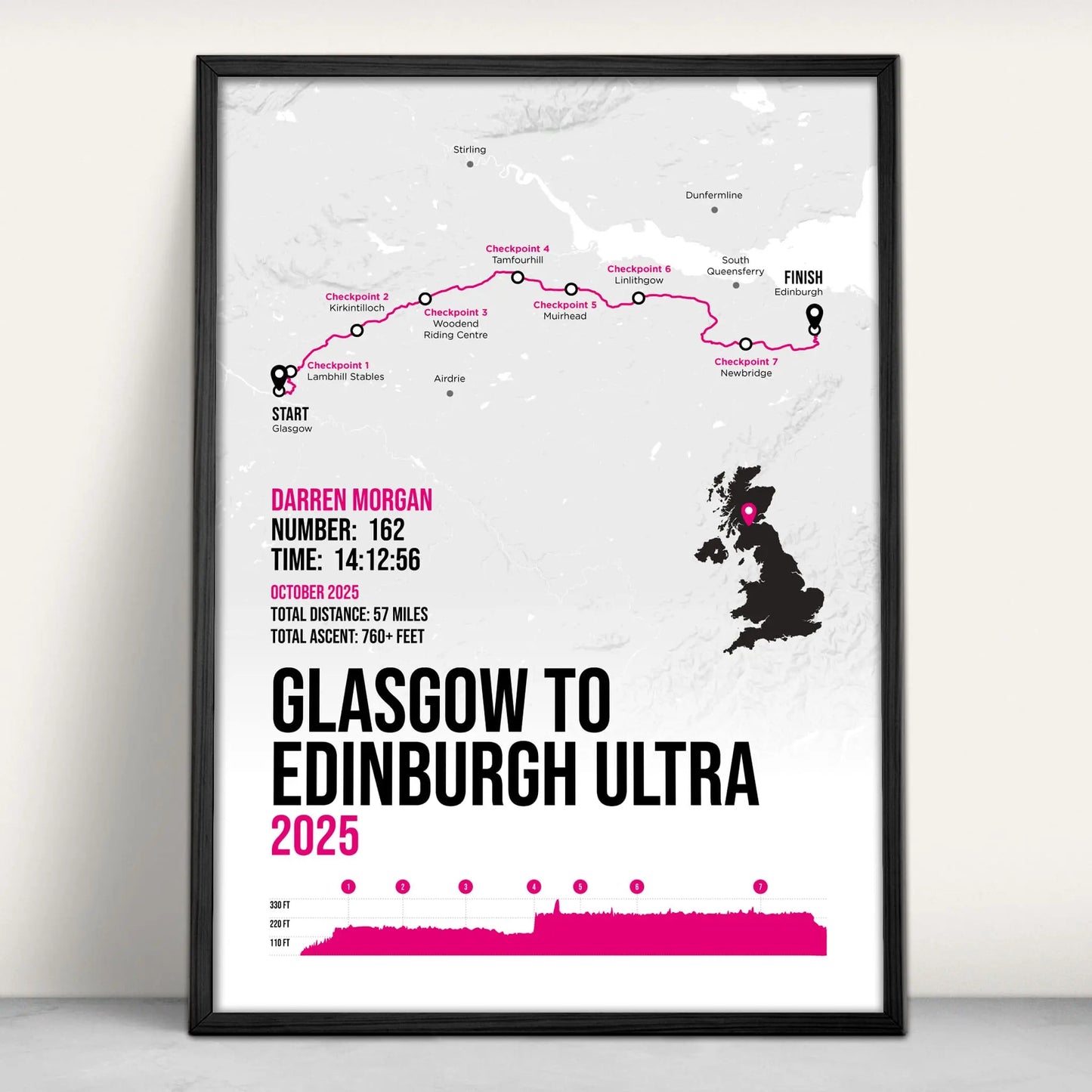 Personalised Glasgow to Edinburgh Ultra Art Print in pink from Purest Green Prints