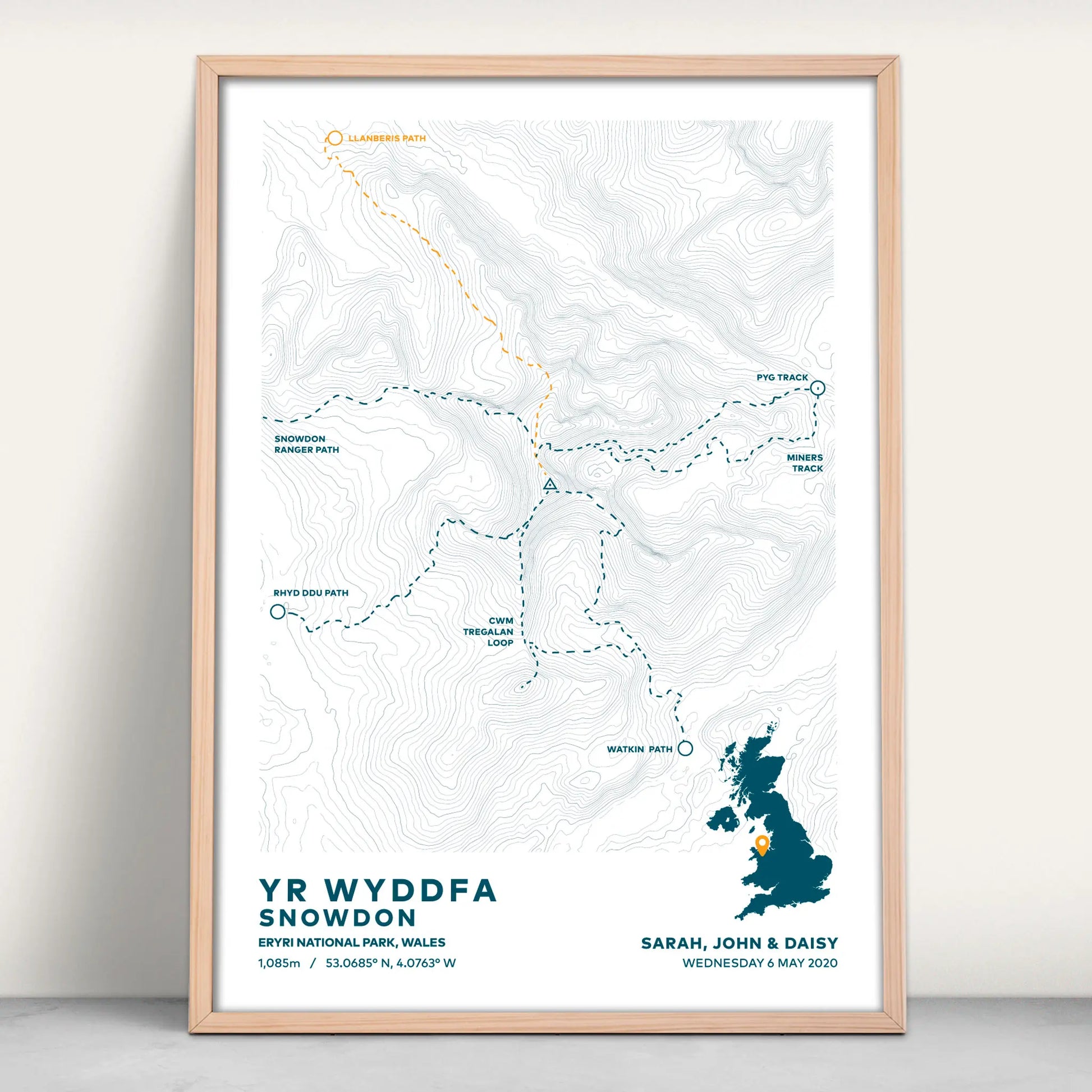 Snowdon Contour Map Personalised Art Print from Purest Green Prints.