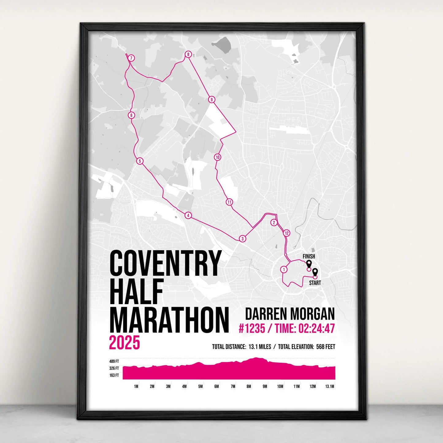 Personalised Coventry Half Marathon Art Print in pink from Purest Green Prints.