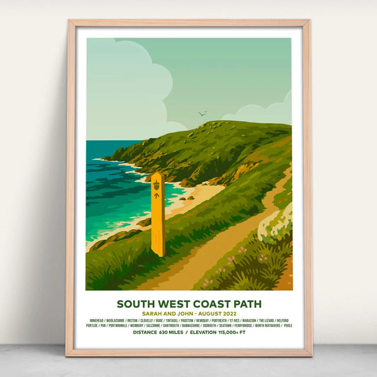 Personalised South West Coast Path Travel Poster Art Print from Purest Green Prints