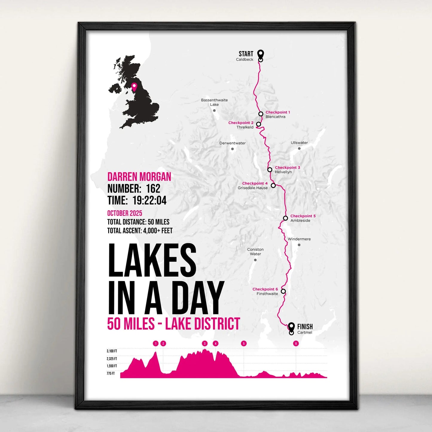 Lakes in a Day Ultra Marathon Personalised Art Print in pink from Purest Green Prints