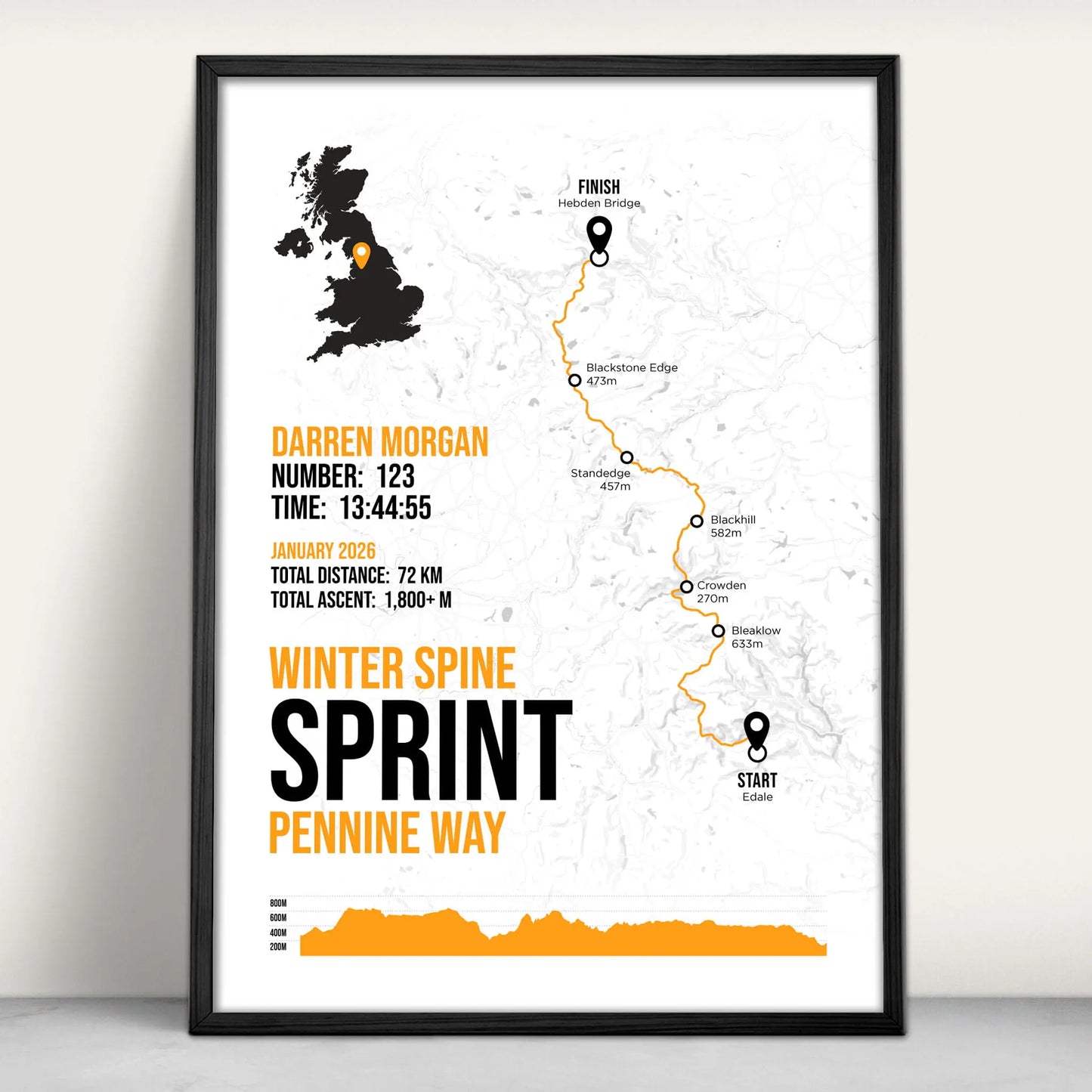 The Spine Race Sprint South Personalised Art Print in orange from Purest Green Prints