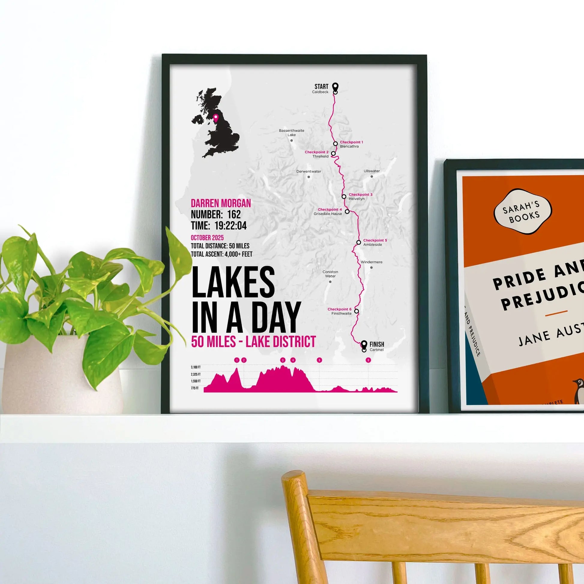 Print on shelf beside a plant and smaller print