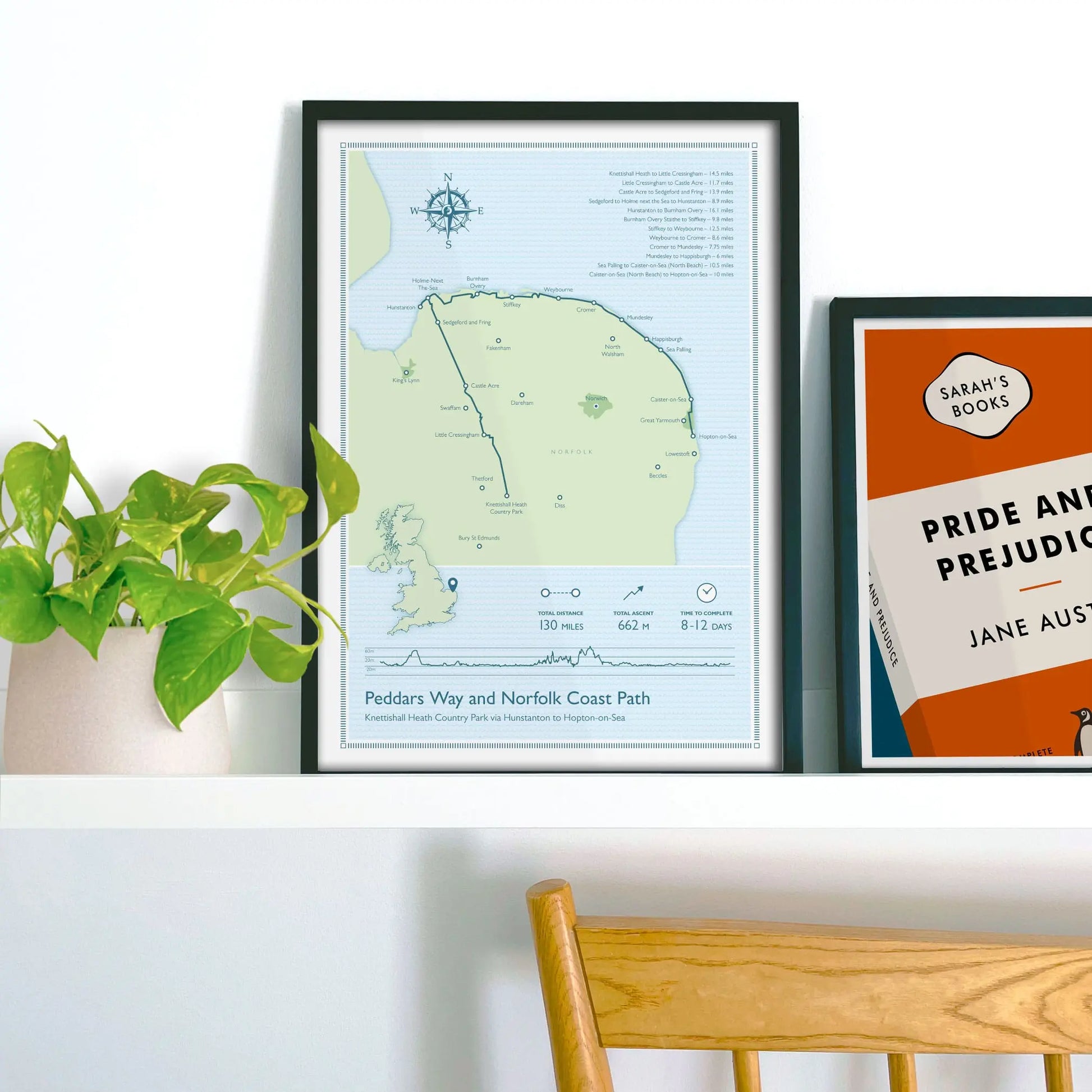 Framed picture on shelf beside a houseplant and another print.