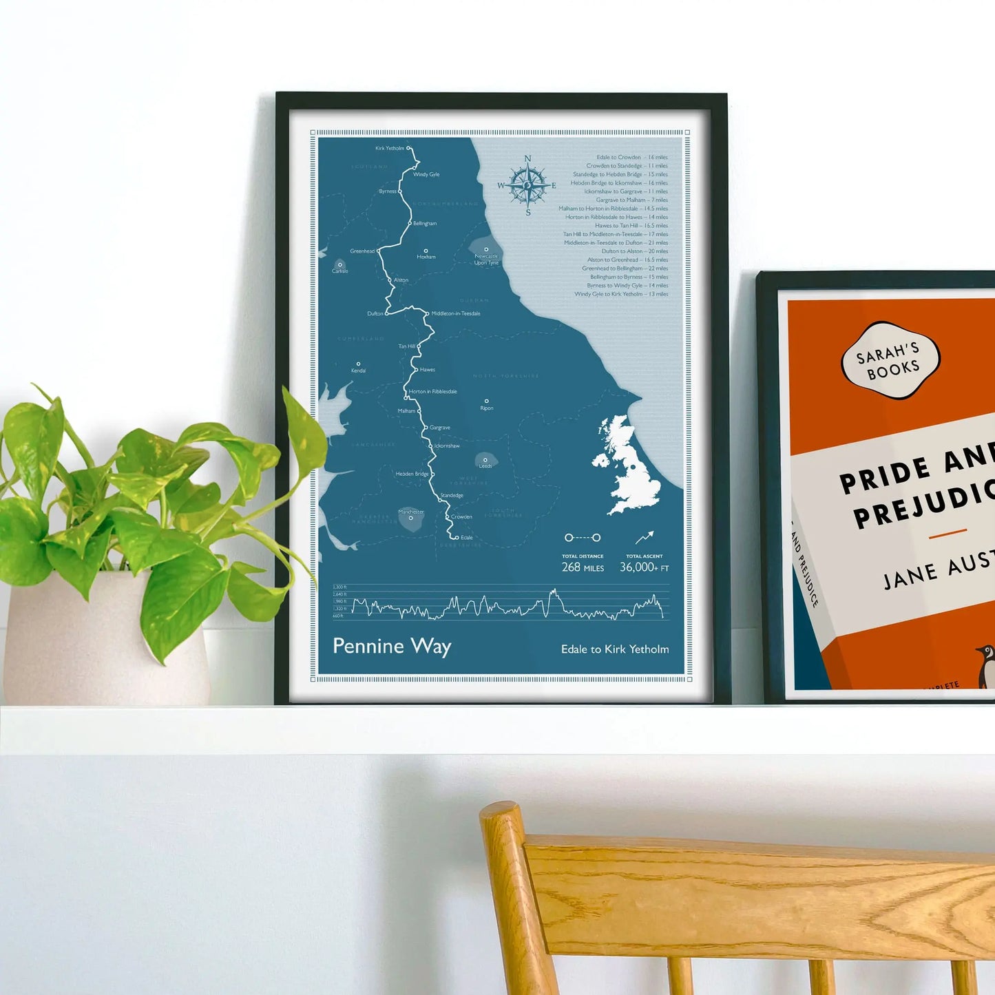 Framed print on shelf beside houseplant