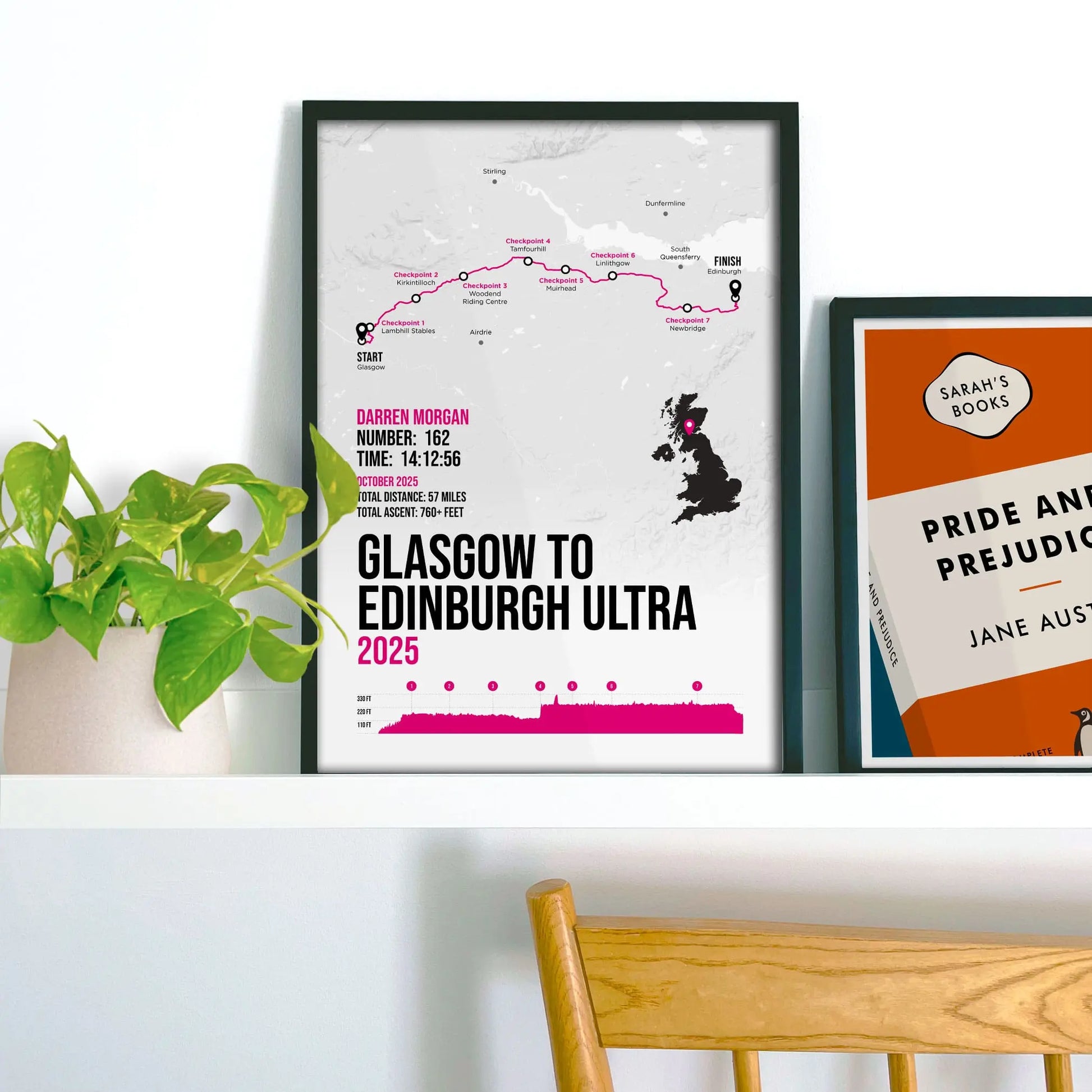 Race Across Scotland print on a shelf in a frame