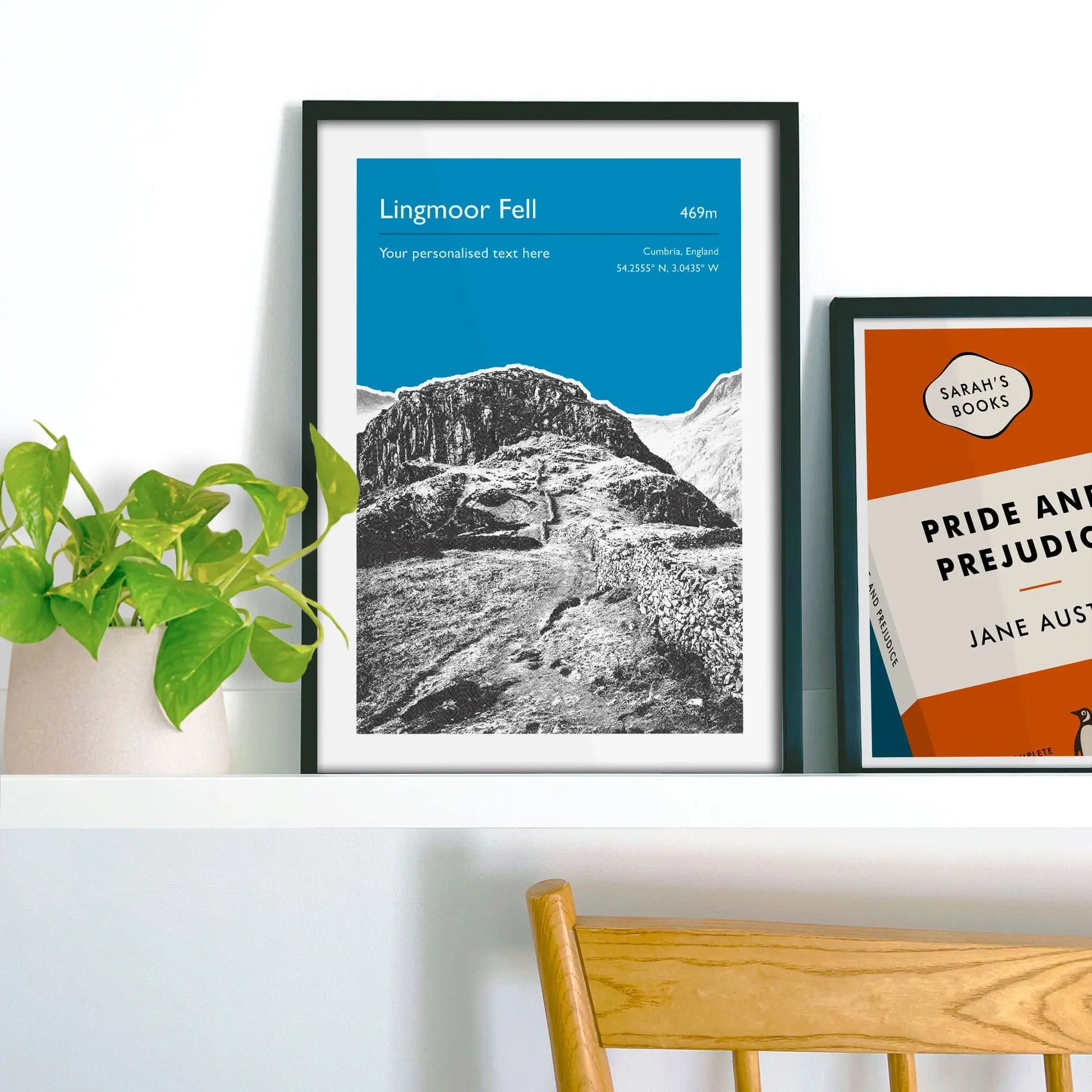 Framed picture on shelf beside a houseplant and another print.