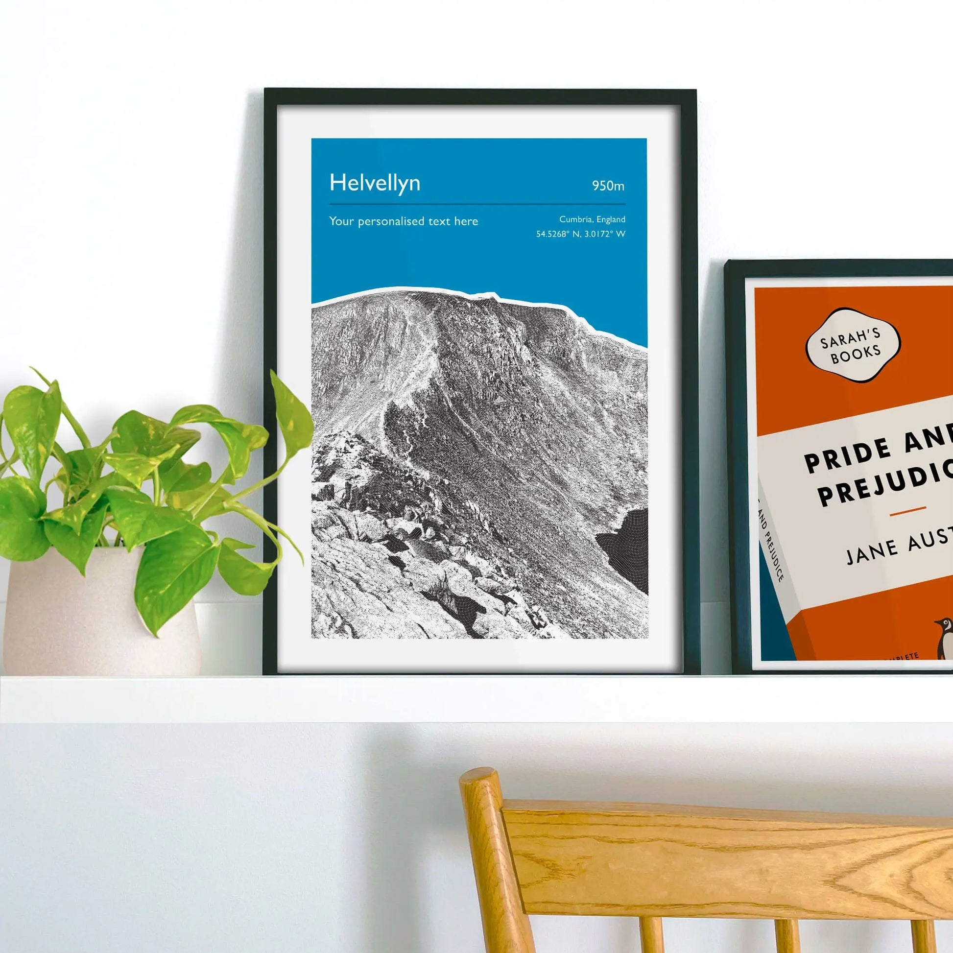 Framed picture on shelf beside a houseplant and another print.