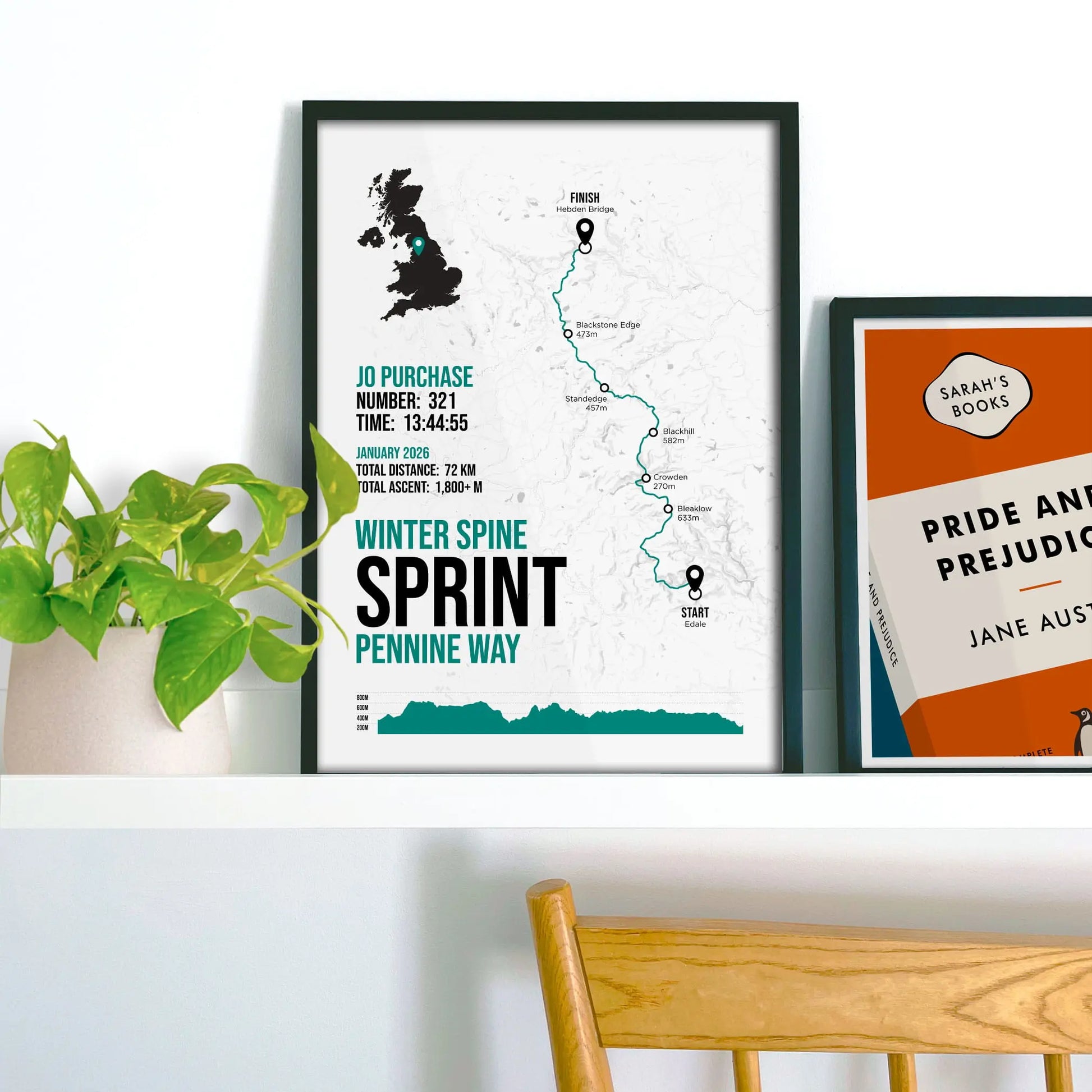 Print on shelf beside a plant and smaller print