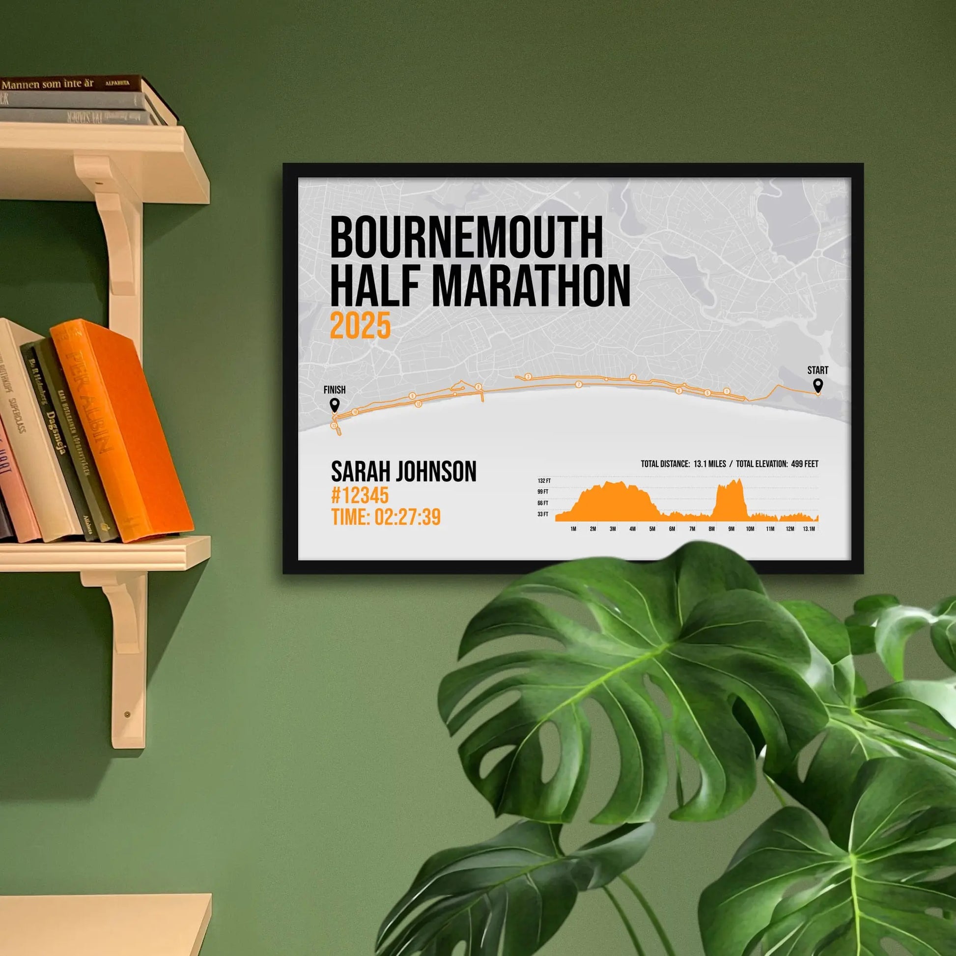 Framed print on green wall beside shelving