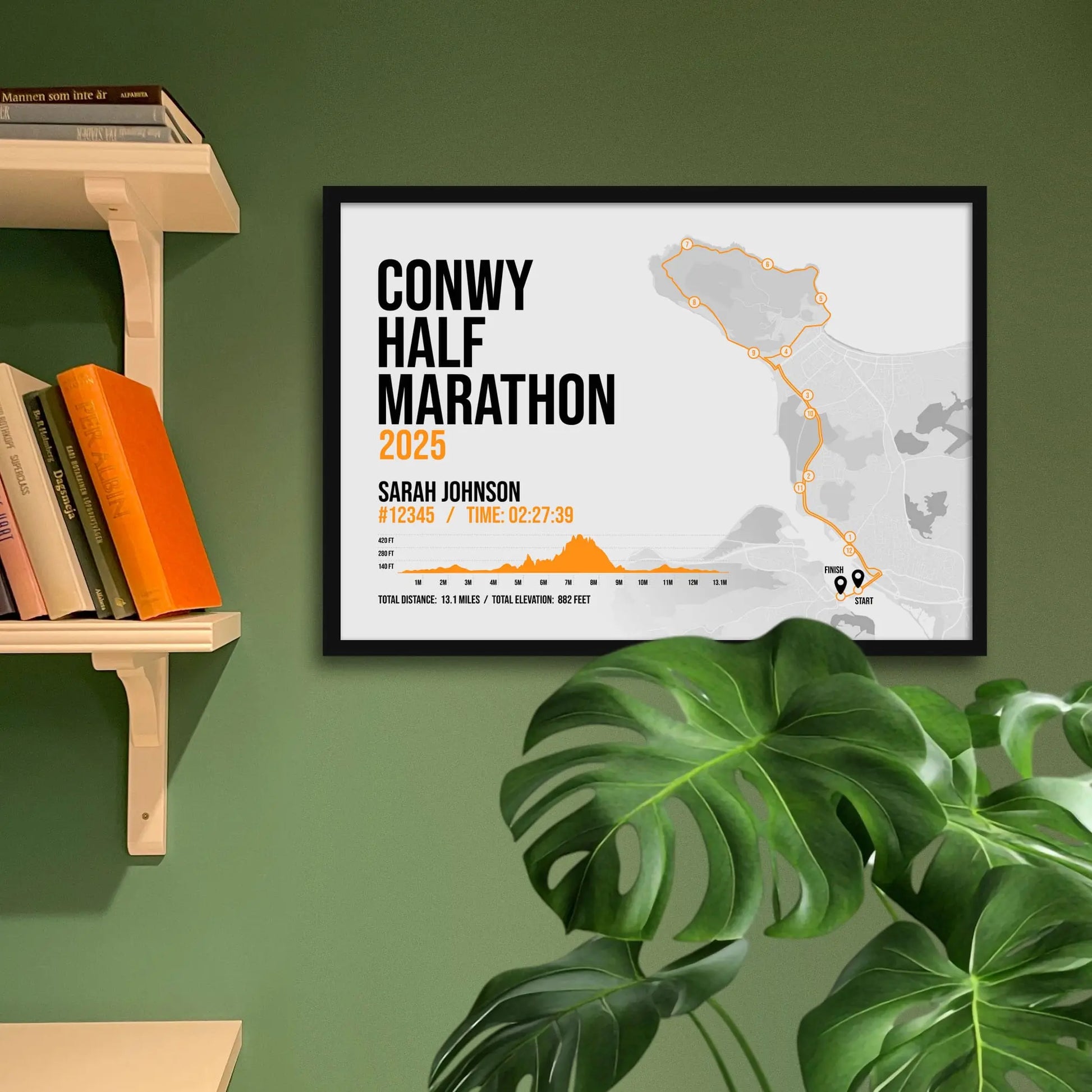 Framed print hanging on green wall beside shelves