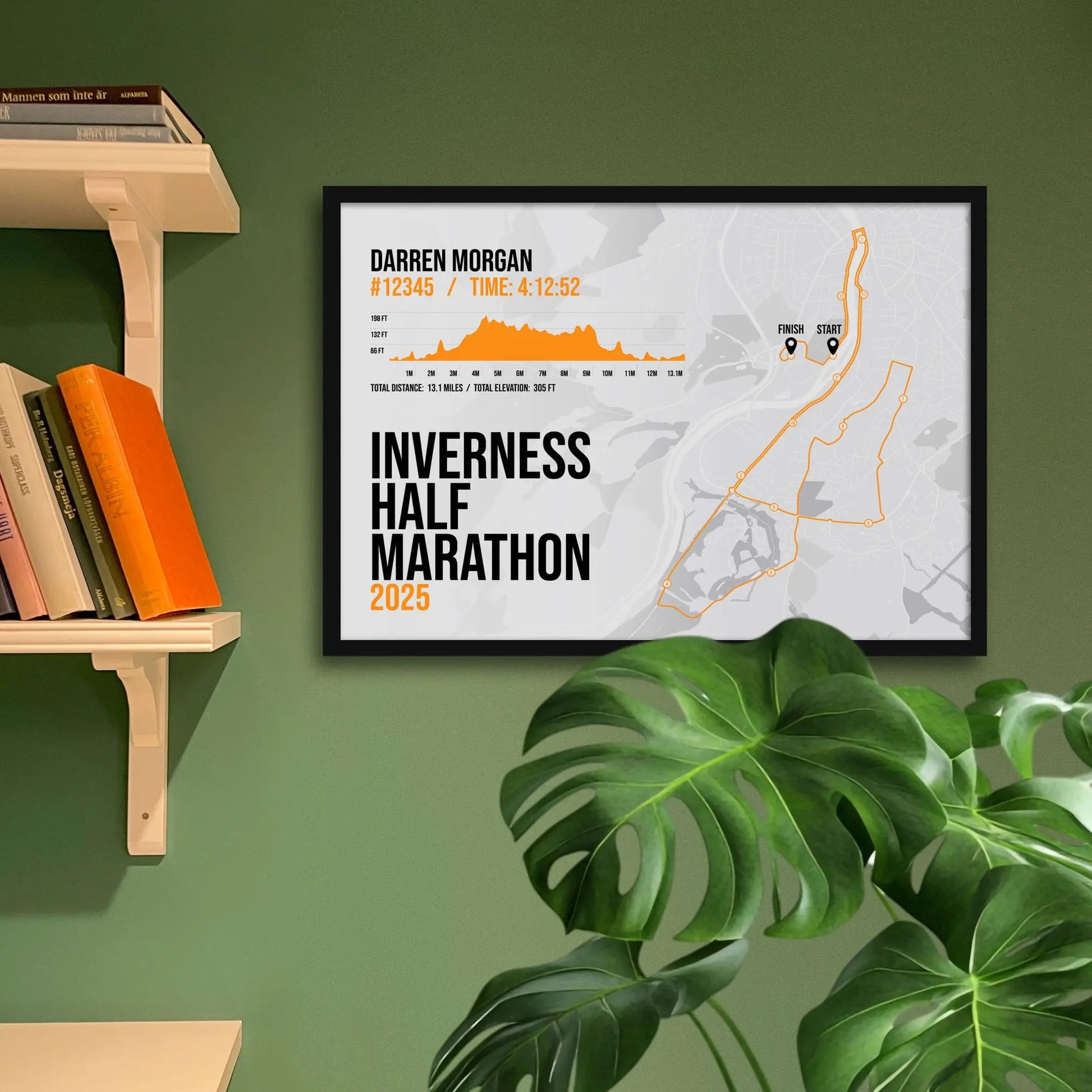 Print framed and in a black frame on a green wall beside some shelves