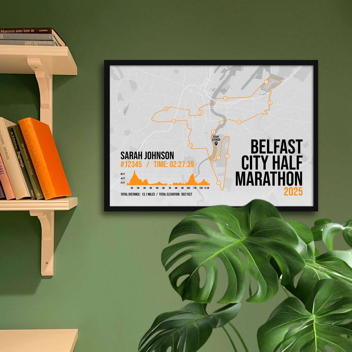 Framed print on green wall beside shelving and houseplant