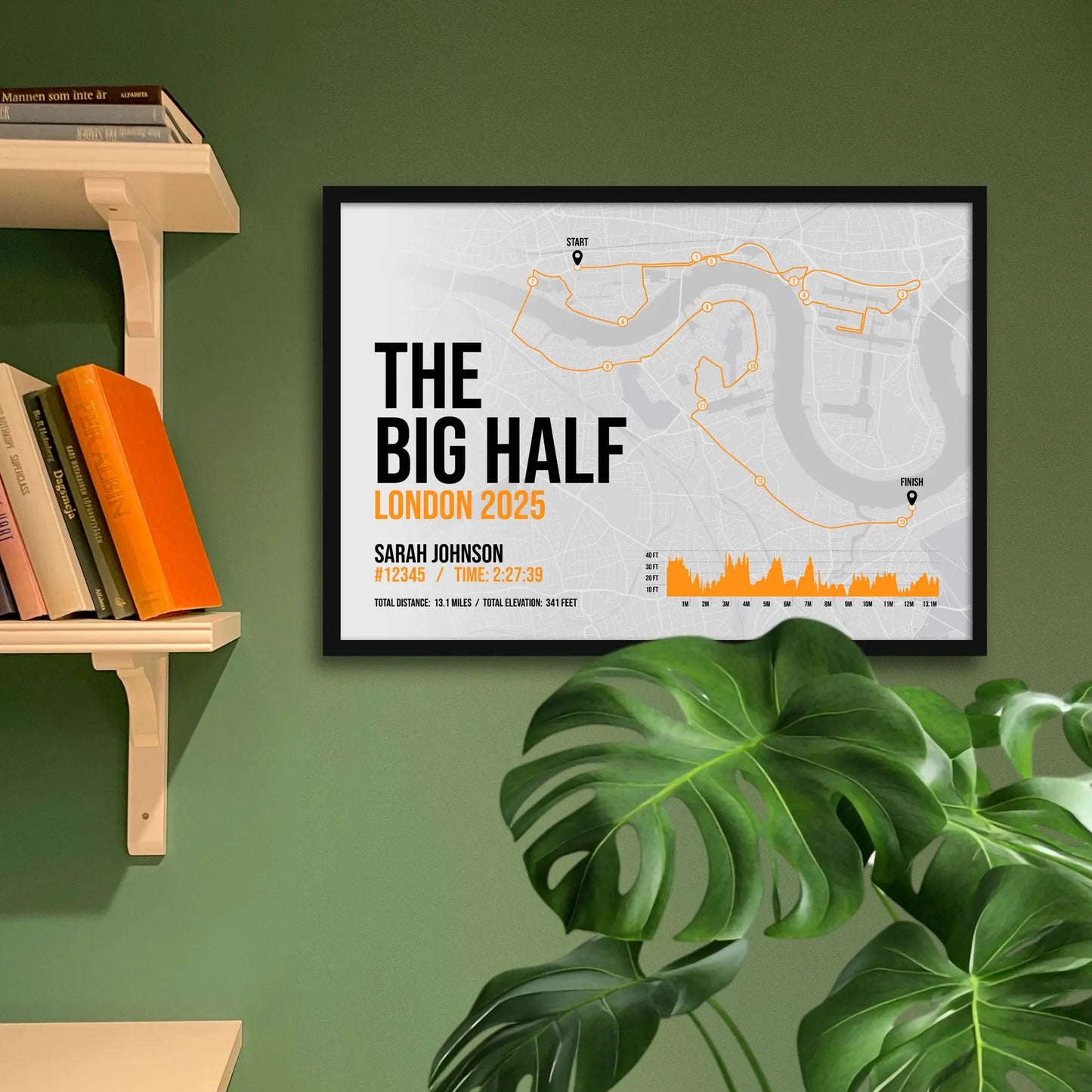 Framed art print on a green wall beside shelves.