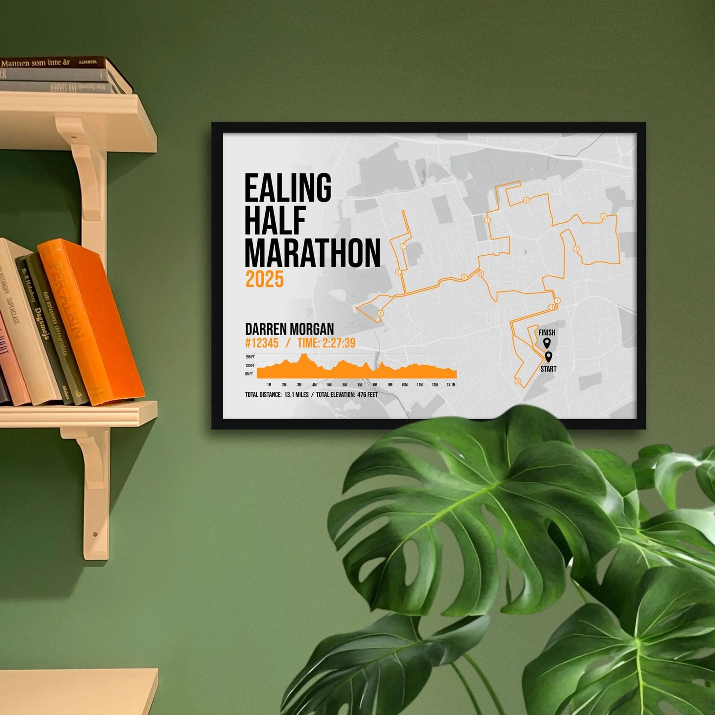 Framed print on green wall beside shelving and houseplant