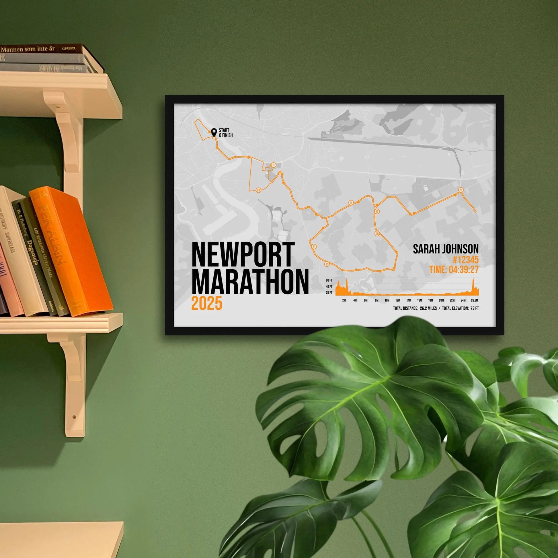 Framed print on green wall beside shelving behind a plant