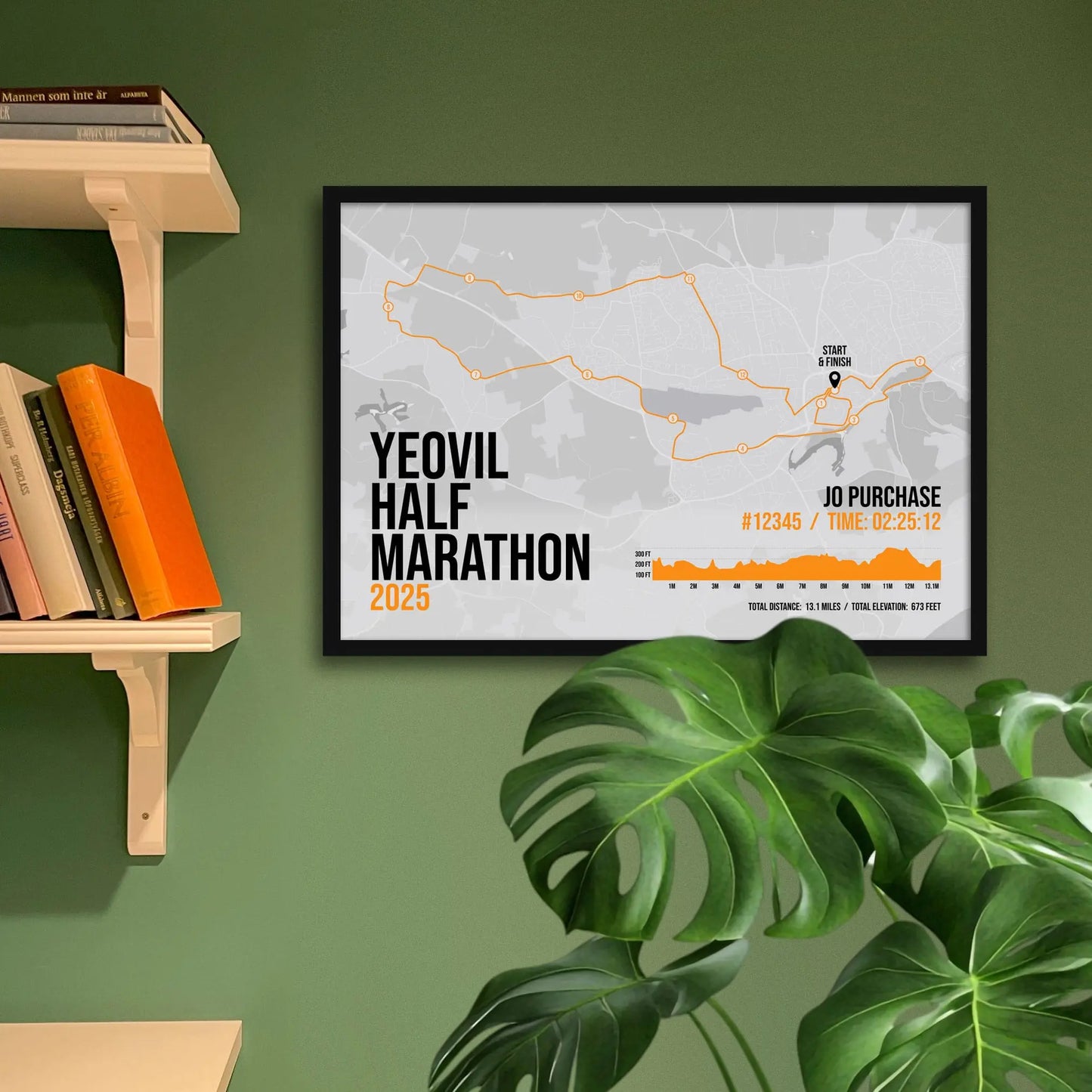 Framed print on green wall beside shelves