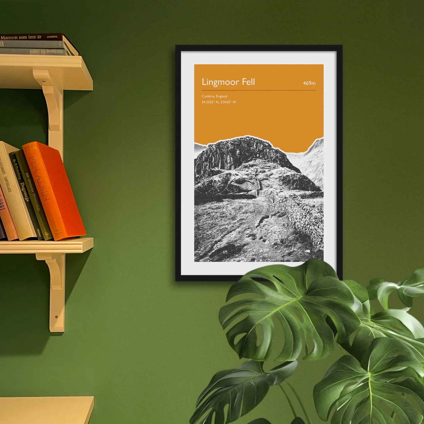 Framed art print on a green wall beside shelves.