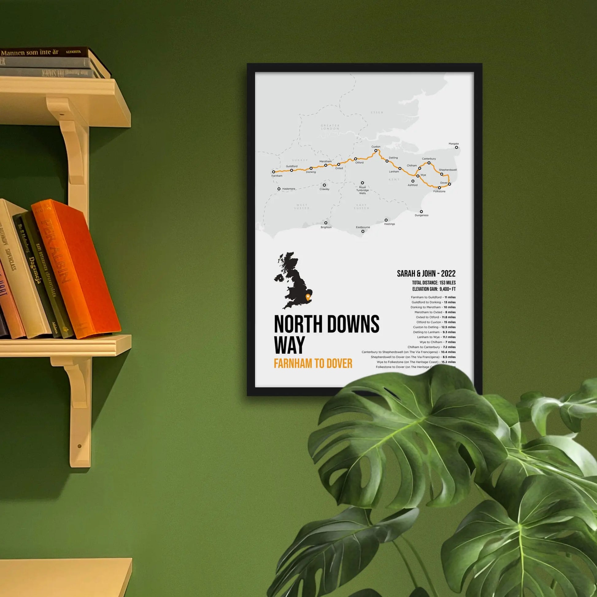 Framed art print on a green wall beside shelves.