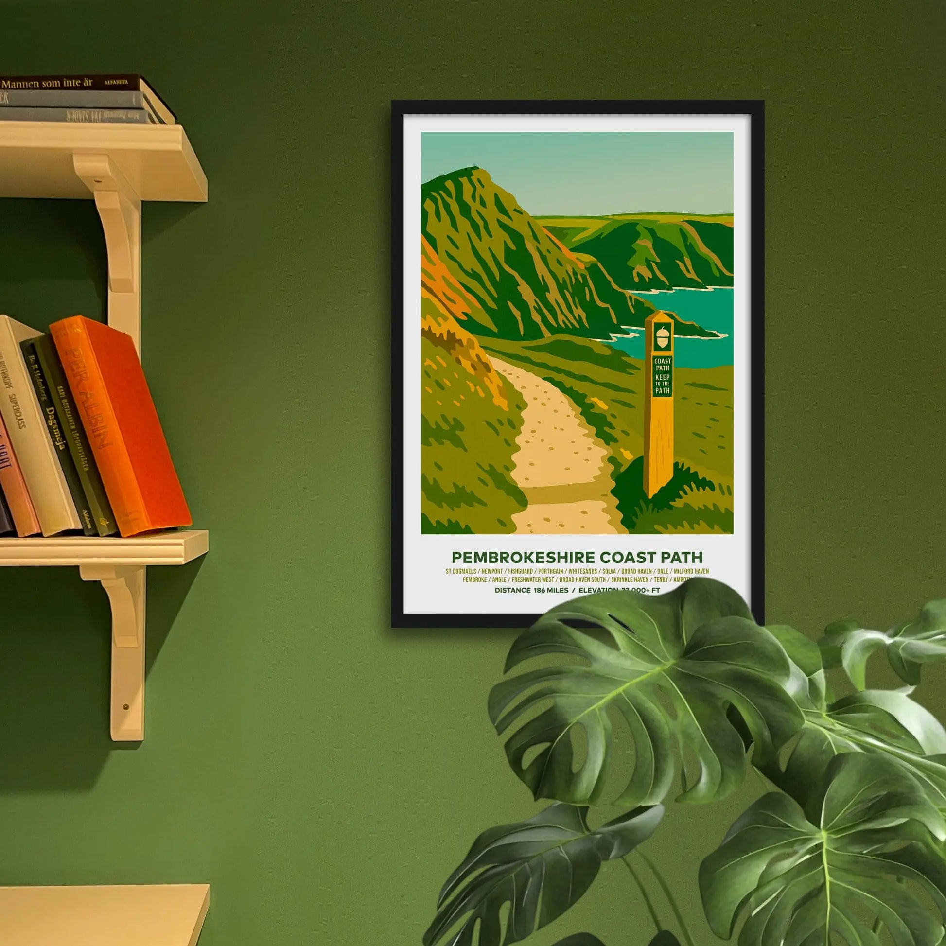 Framed art print on a green wall beside shelves.