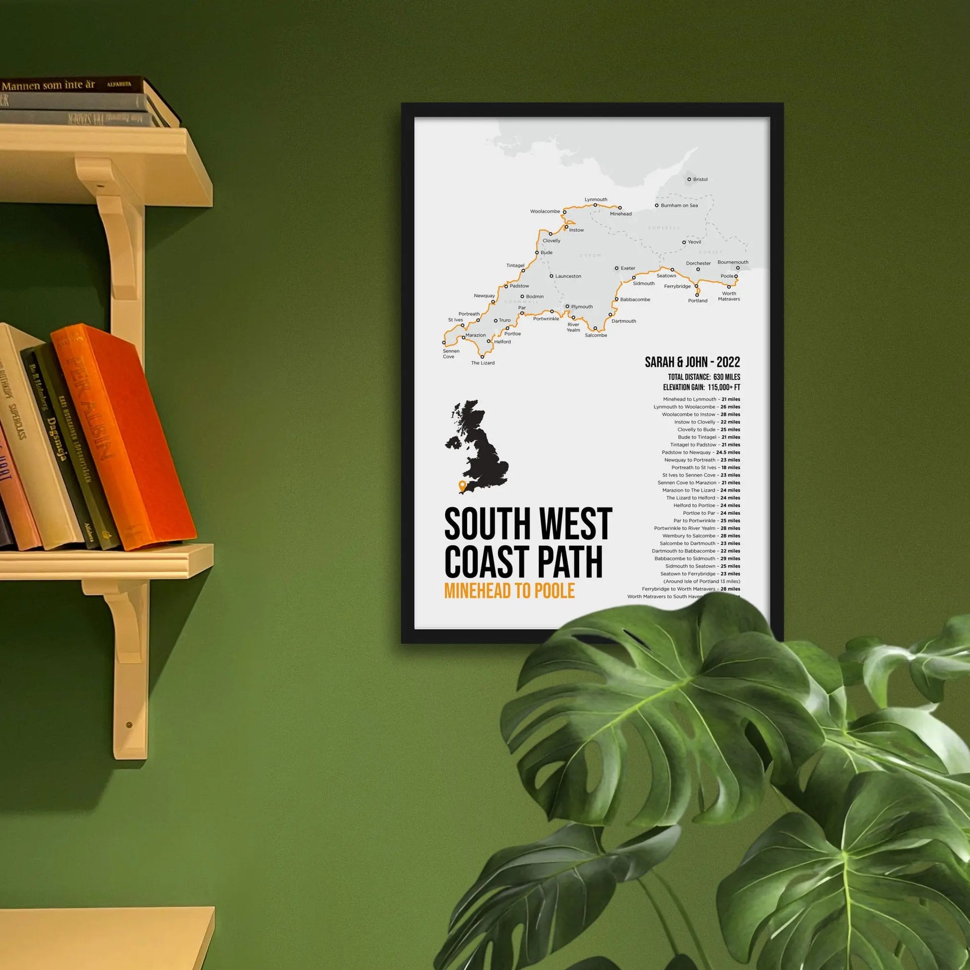 Framed print on green wall beside shelves behind houseplant.