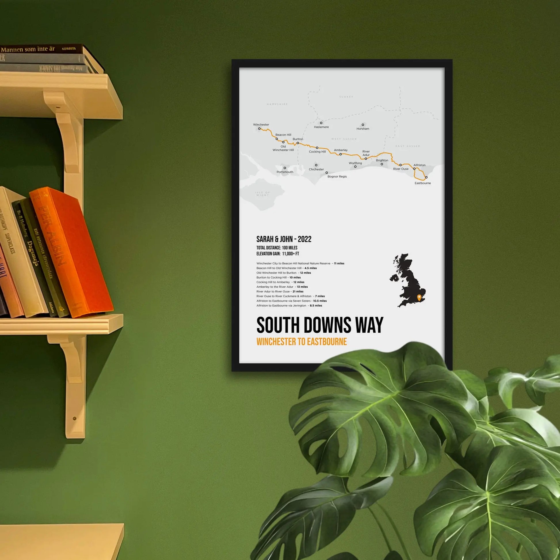Framed art print on a green wall beside shelves.
