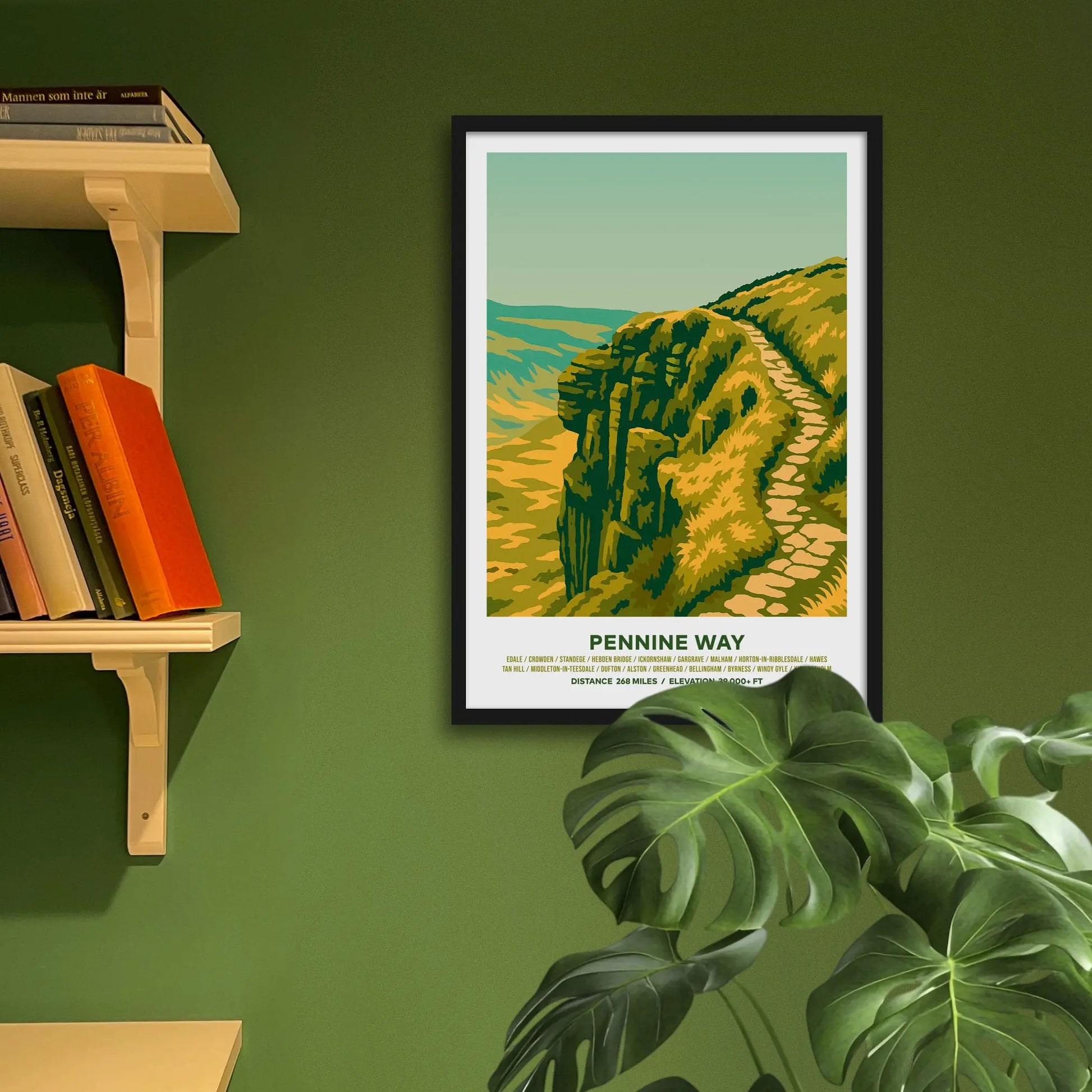 Framed art print on a green wall beside shelves.