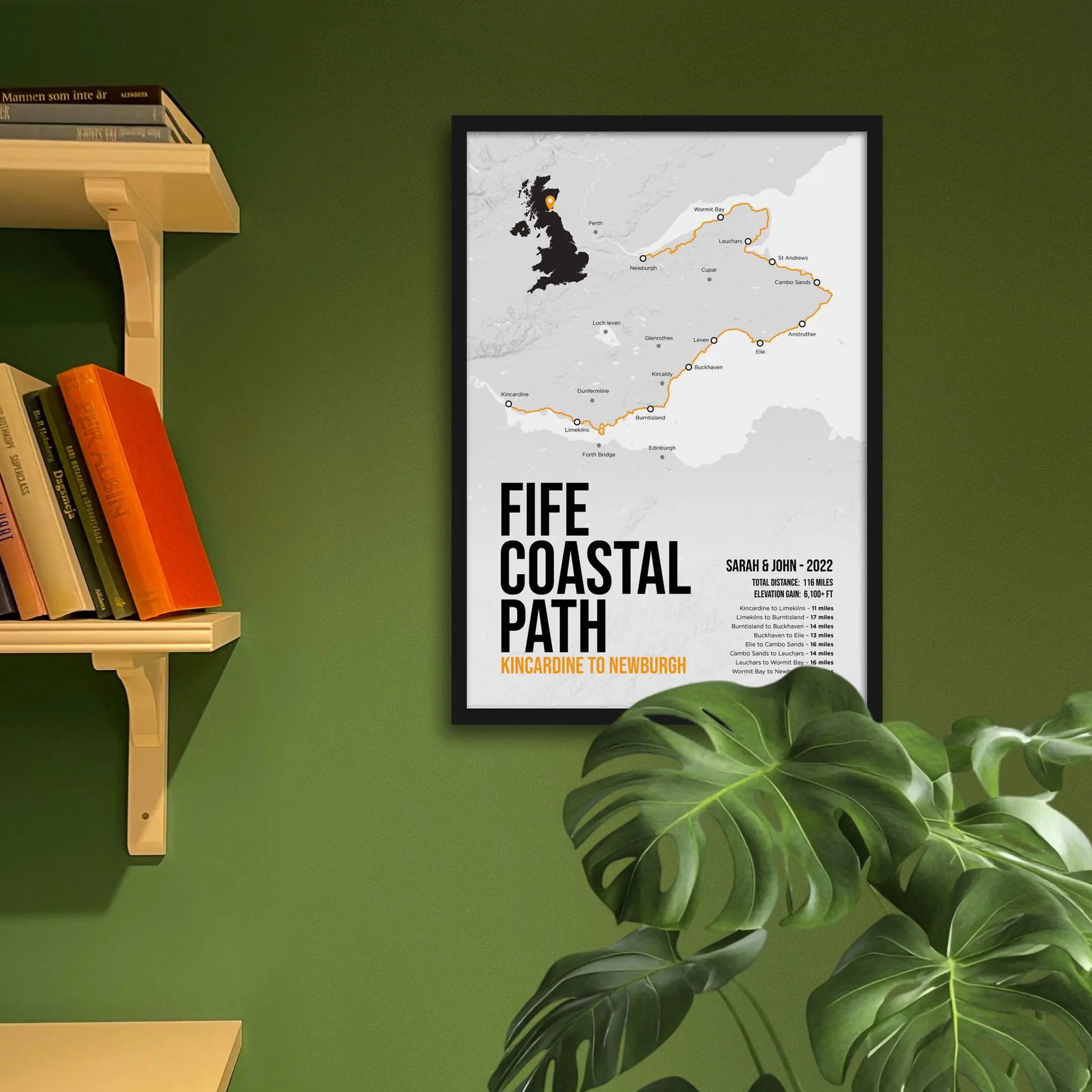 Framed art print on a green wall beside shelves.