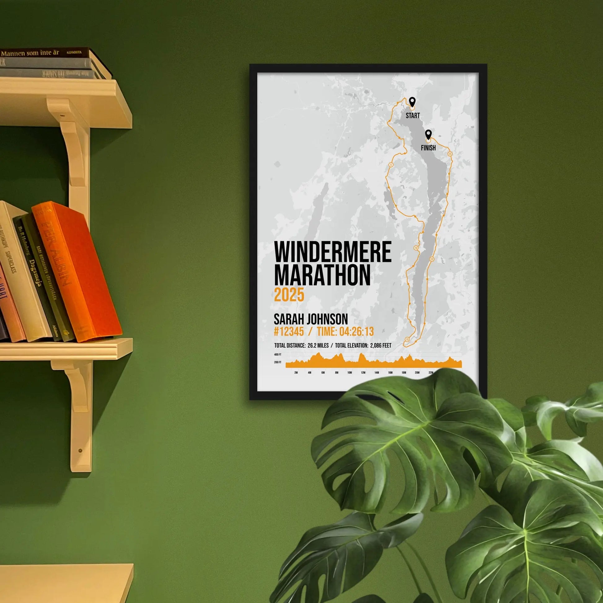 Framed art print on a green wall beside shelves.