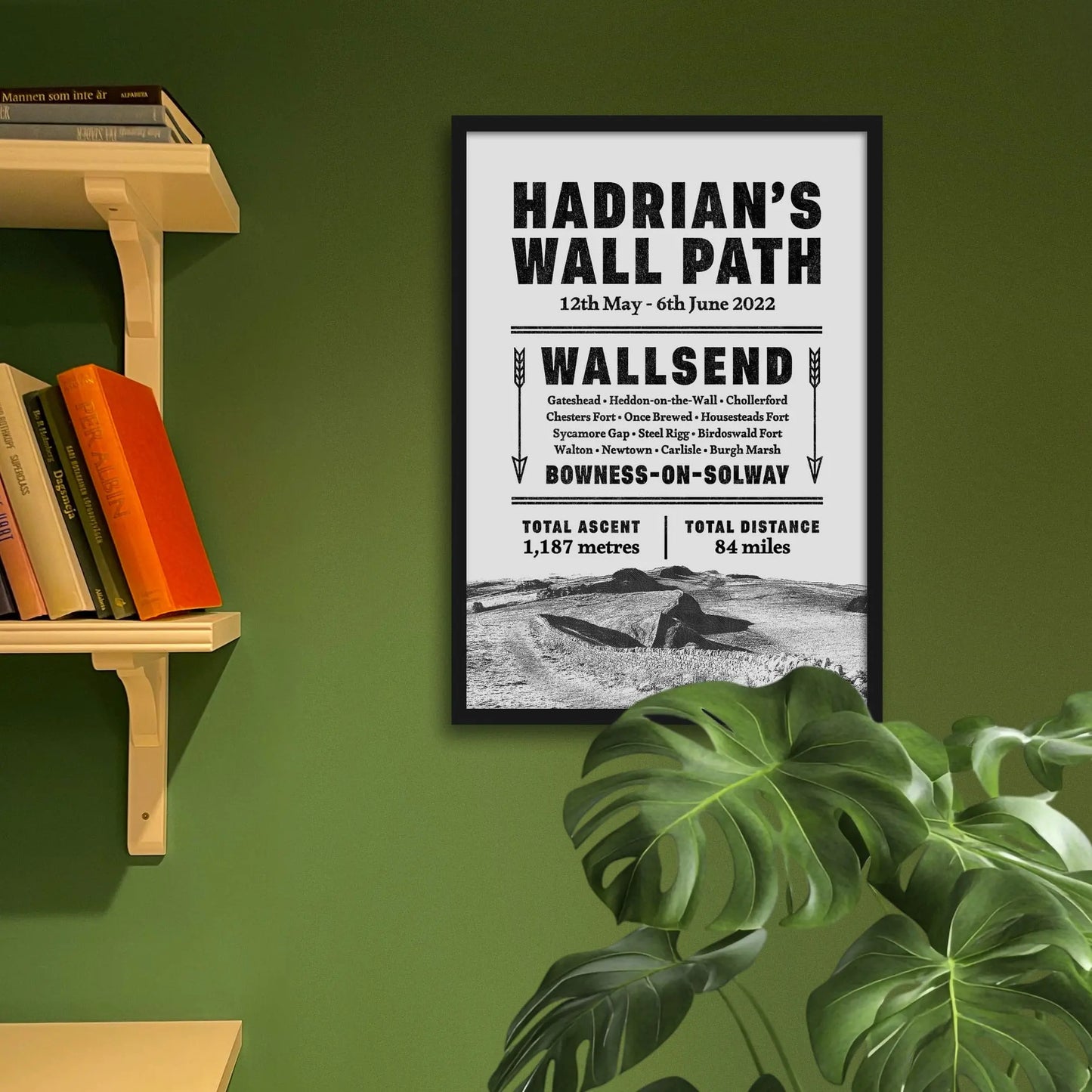 Framed art print on a green wall beside shelves.