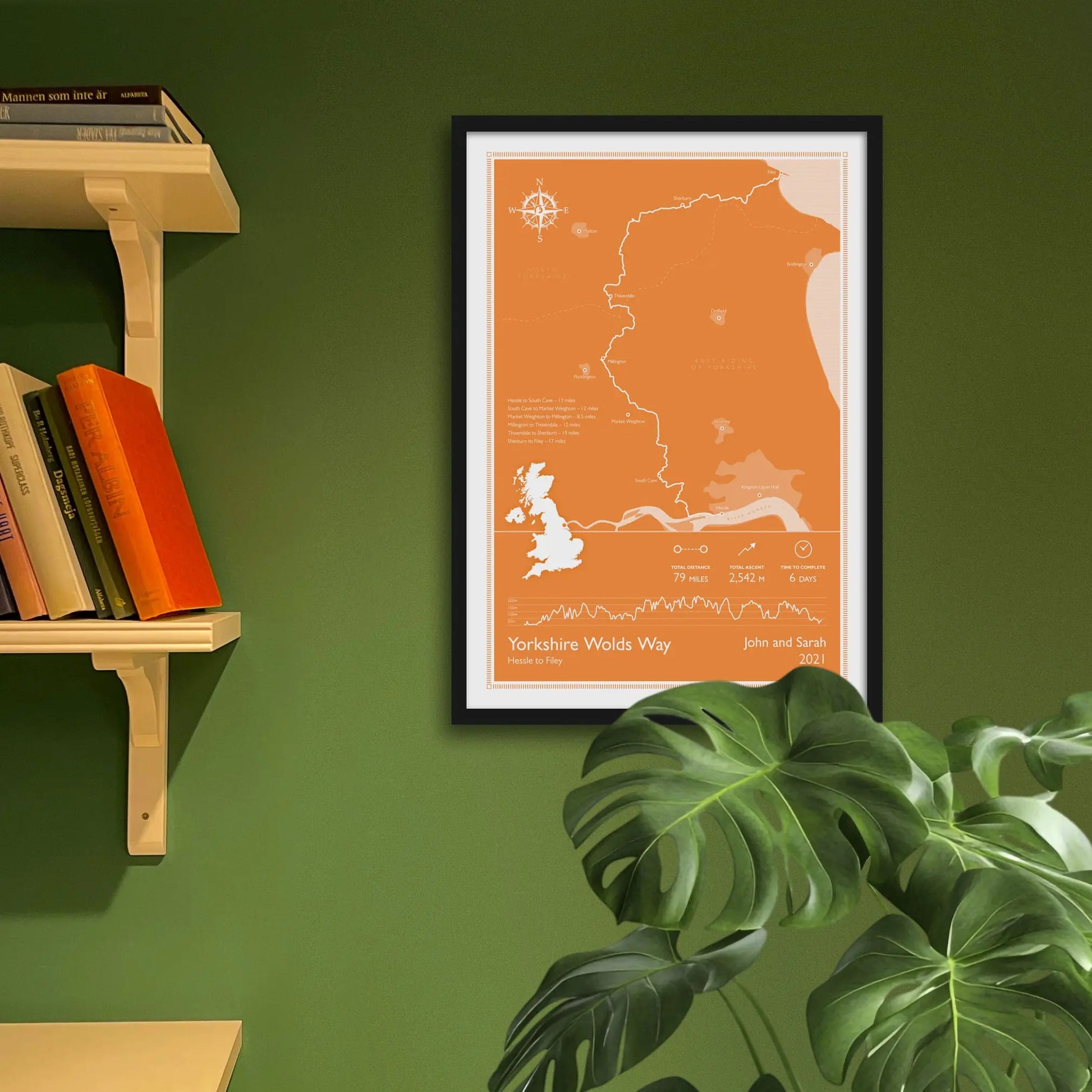 Framed art print on a green wall beside shelves.