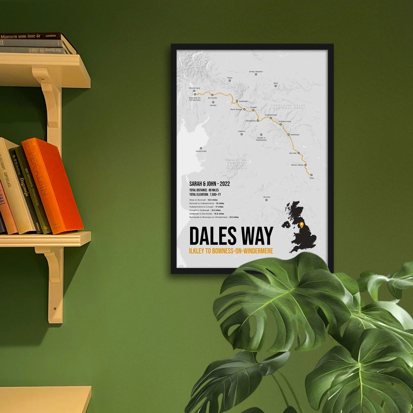 Framed art print on a green wall beside shelves.