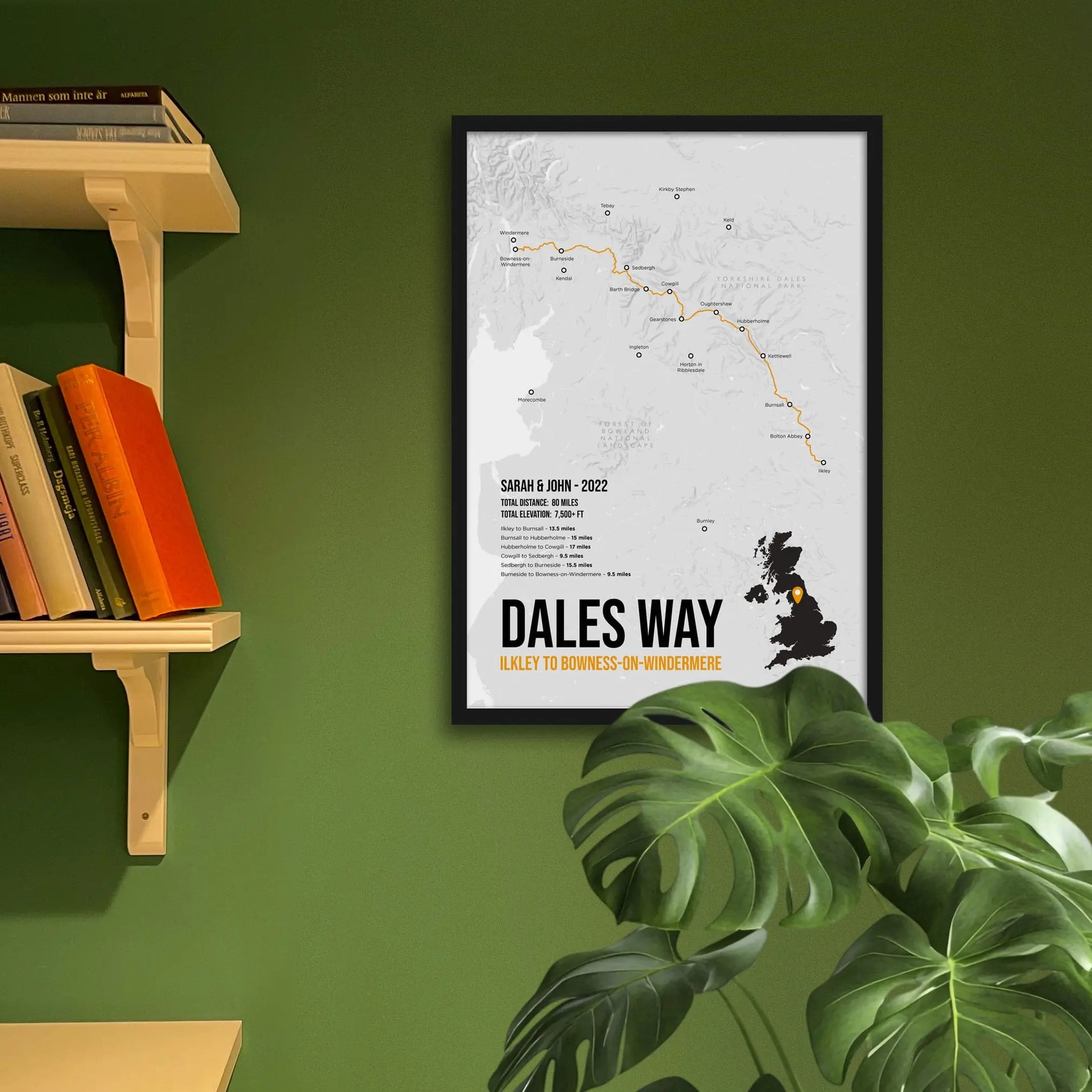 Framed art print on a green wall beside shelves.