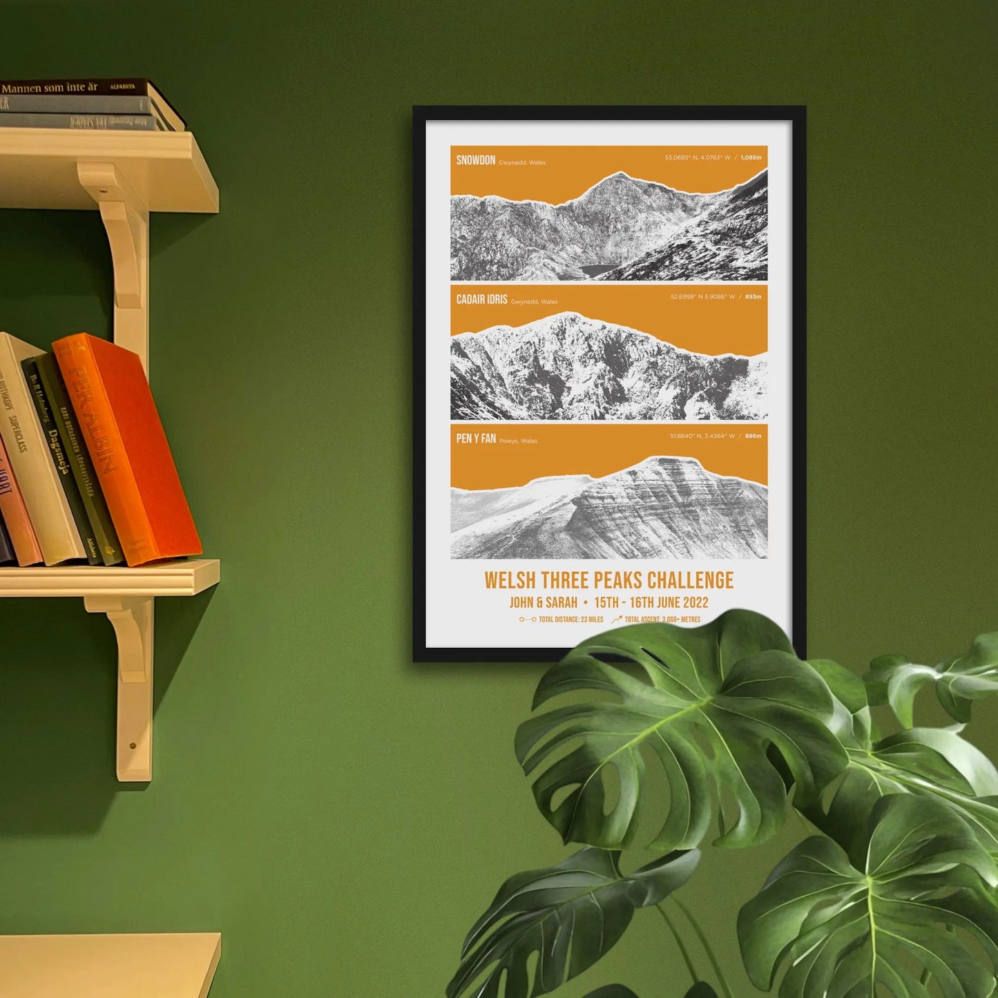 Framed picture on green wall beside wooden shelves