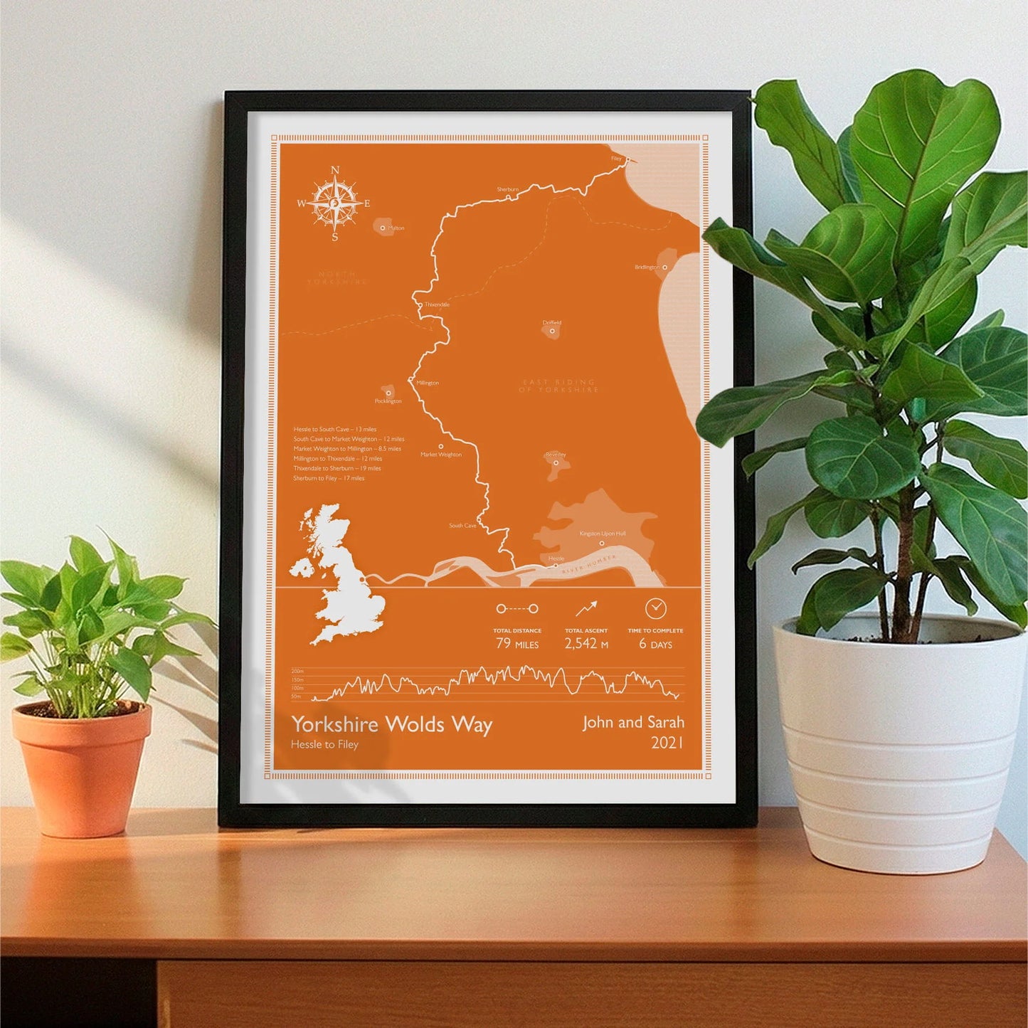 Framed print on sideboard beside a plant